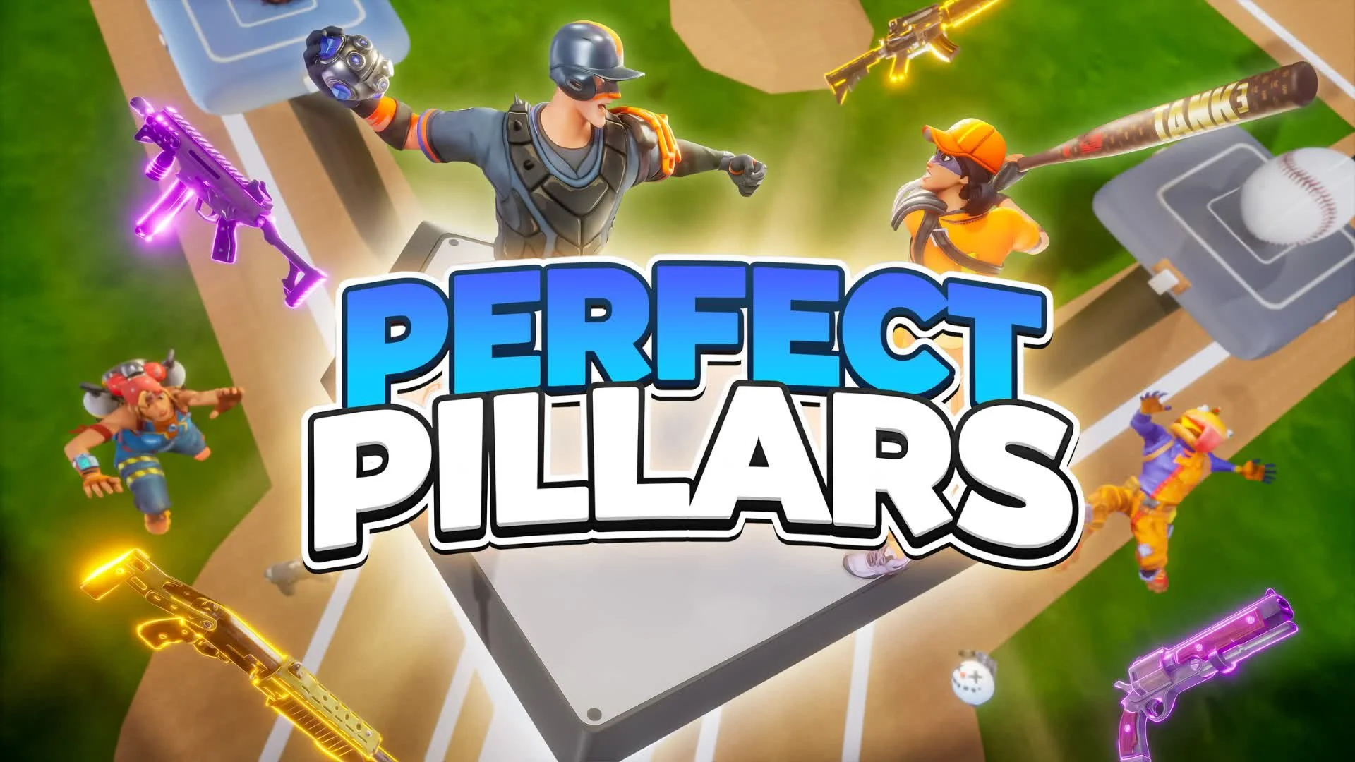 Cover art for the video game 'Perfect Pillars' featuring cartoon characters playing baseball on a field with various guns and weapons. The title is displayed prominently in the center.