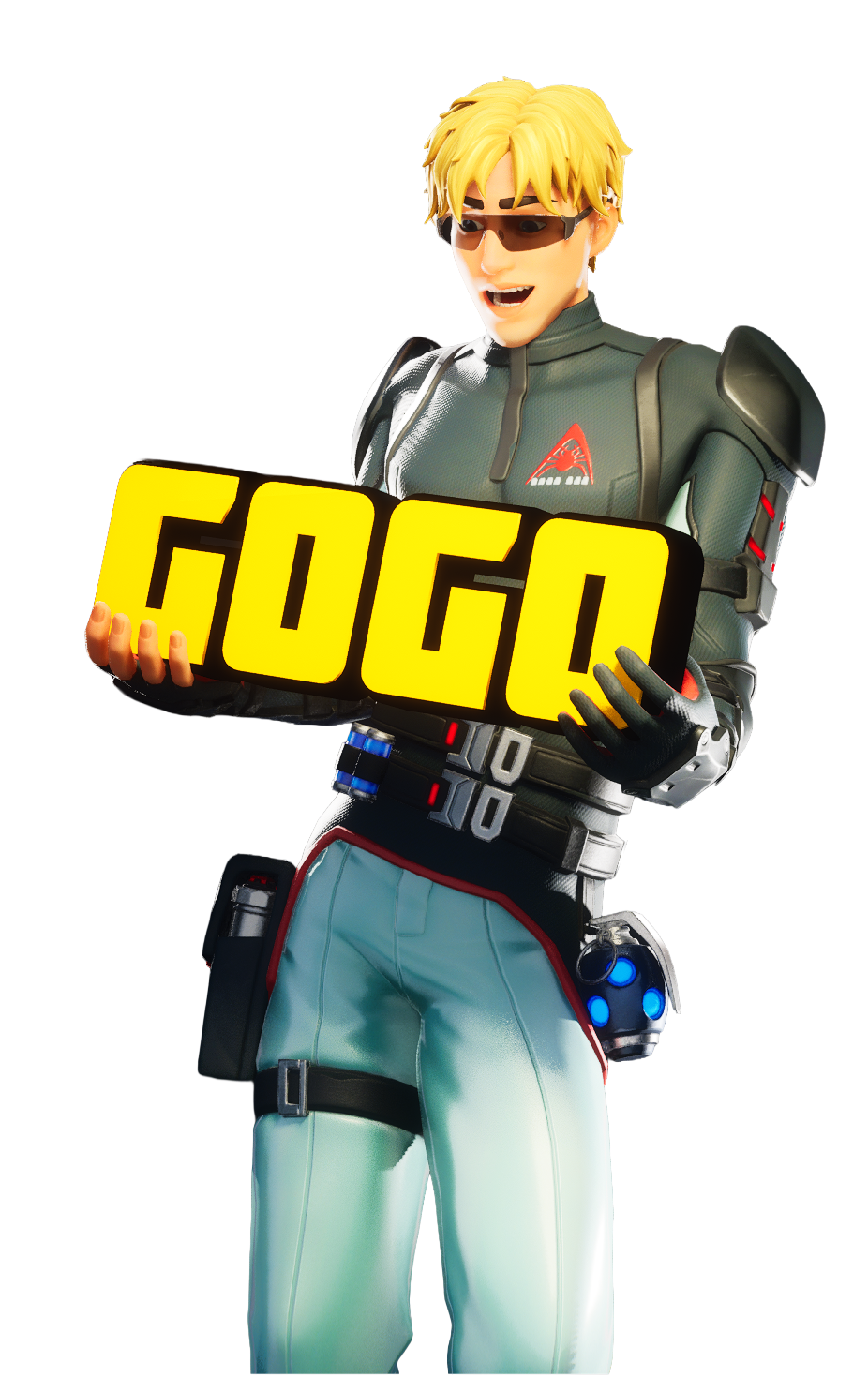 Animated character in futuristic gear holding a sign that says "GOD".