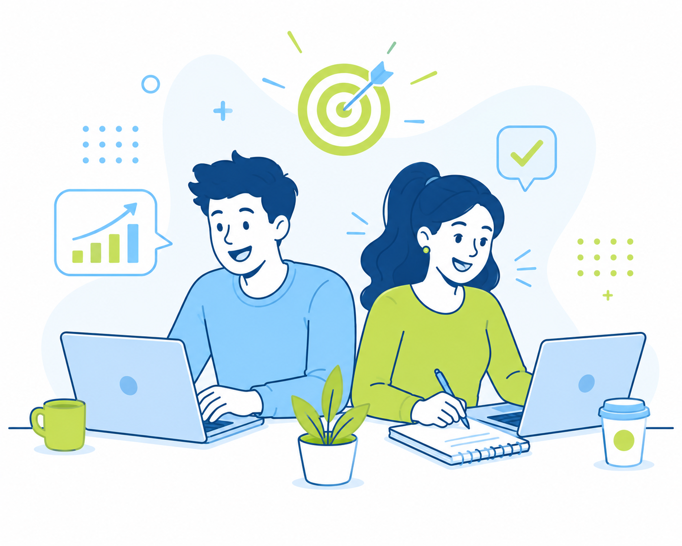 Two people working at laptops with charts and a target icon above them, indicating goal setting or productivity, ranking on Google, improving SEO in a modern, illustrated style.