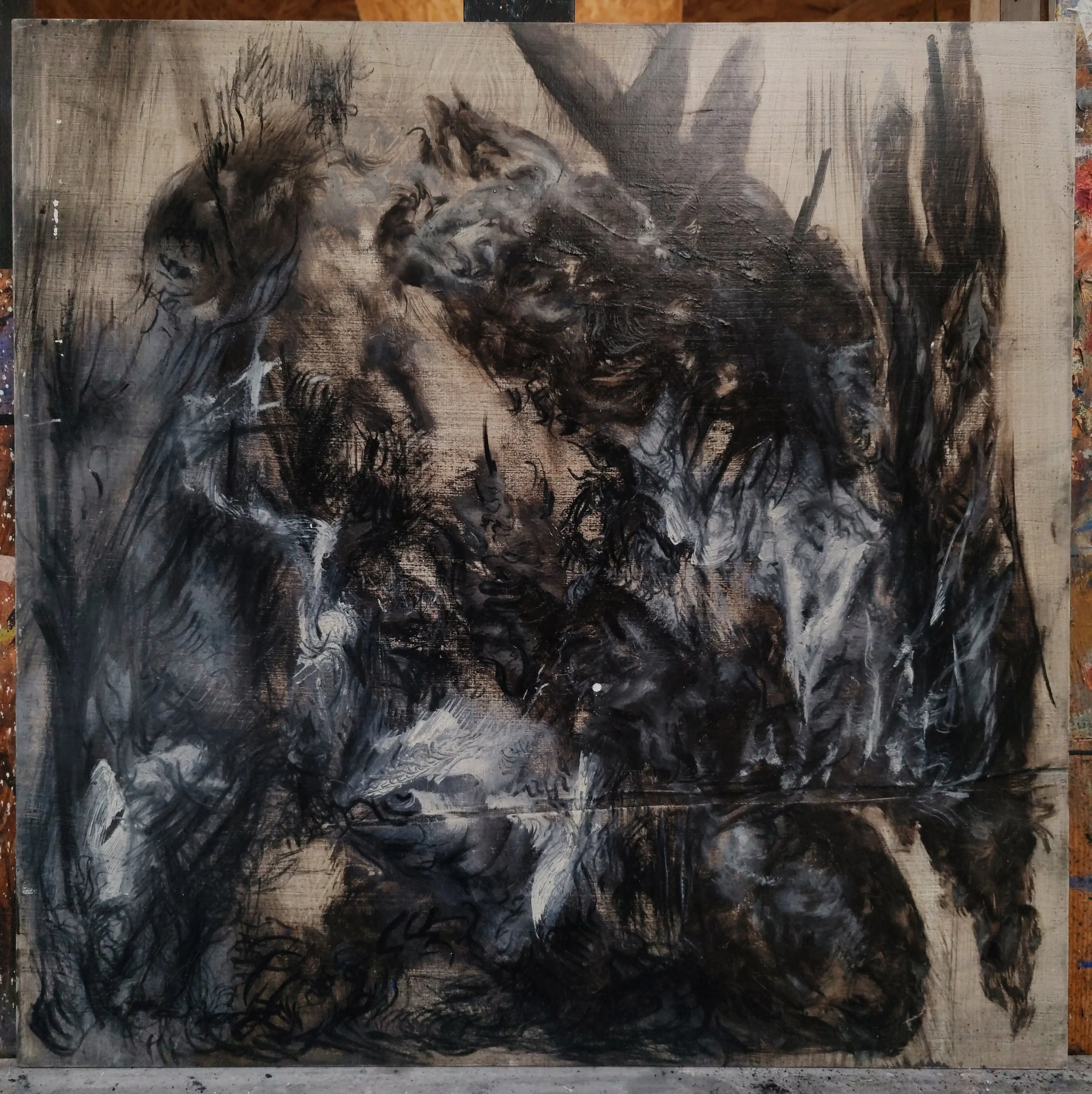 23_OW_13, 
oil, pigments and charcoal on wood, 
60x60 cm, 
2023