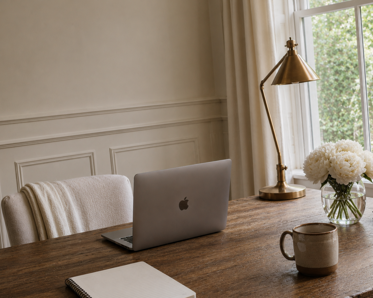 A warm, organized home office setup with a laptop, notebook, and fresh flowers- the workspace behind After Accreta Co. 1:1 PAS navigation services.