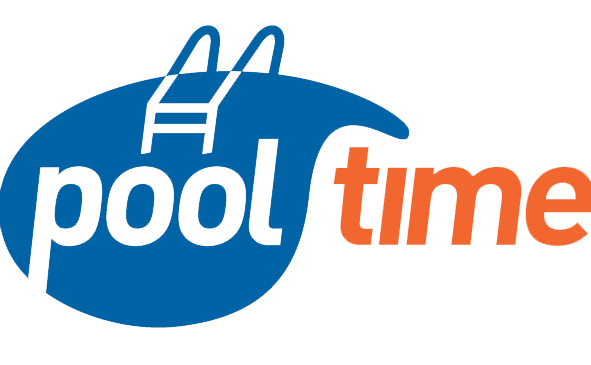 Logo with a blue wave, a diving board, and the words "pool time" in black and orange.