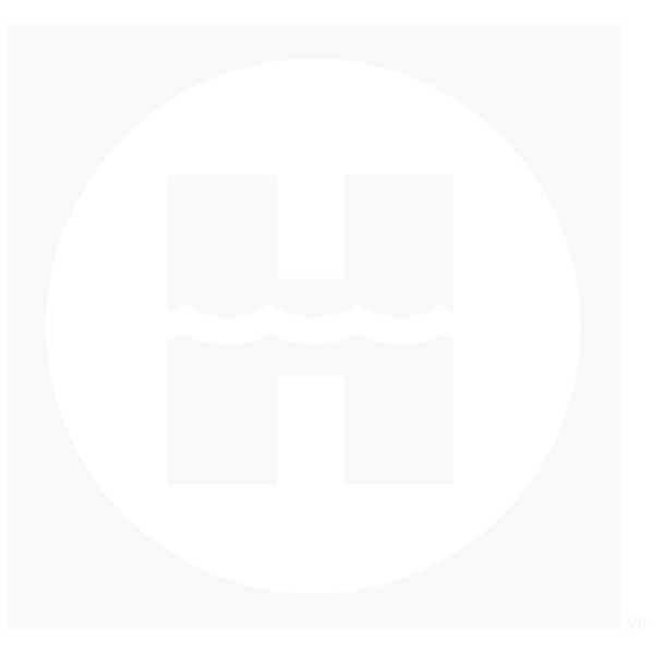 A black circle with a white letter H in the center and a wavy line resembling water crossing through the middle of the H.