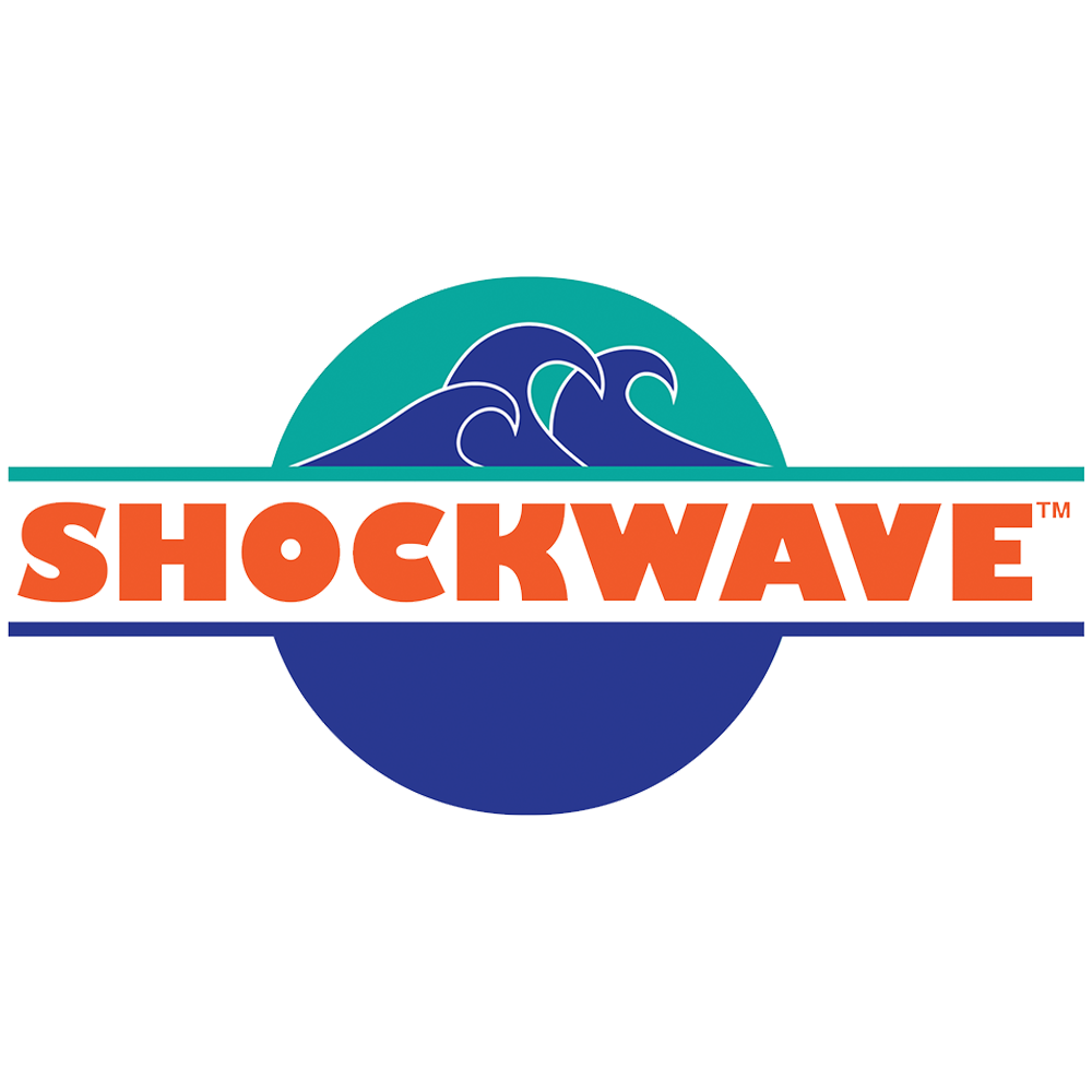 The Shockwave logo featuring stylized blue ocean waves inside a light green semicircle with an orange and white text overlay that reads "SHOCKWAVE."
