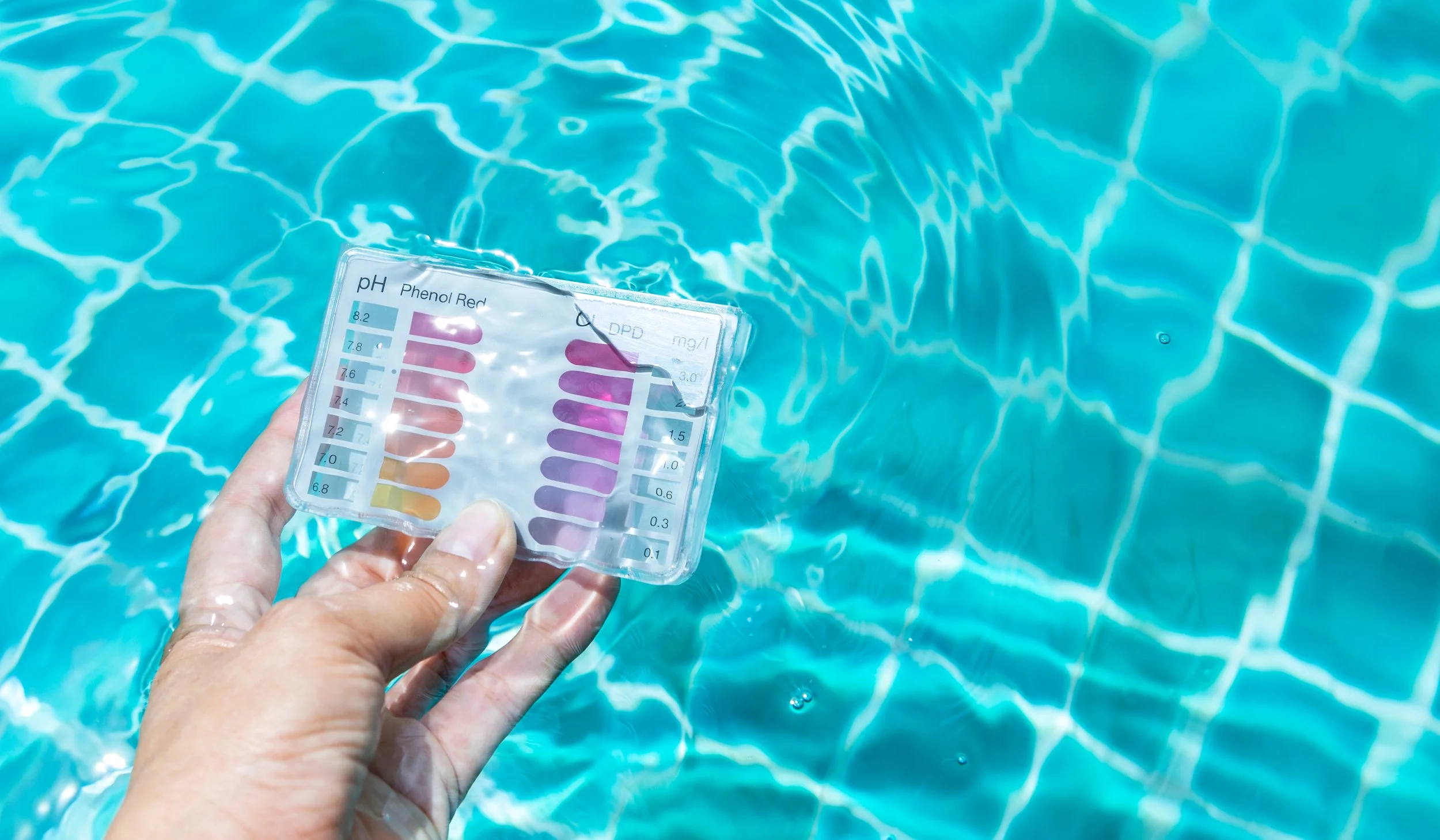 A hand holding a pH testing chart partially submerged in a swimming pool, with bright blue water and sunlight reflections.