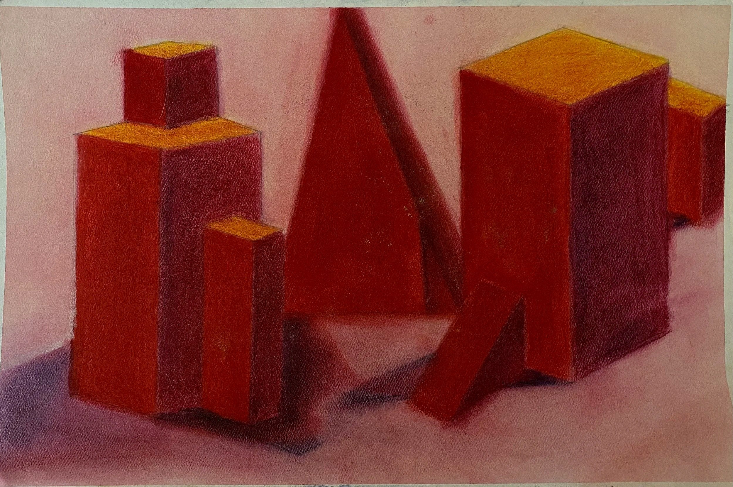 Painted geometric 3D blocks in red and yellow with a pink background.