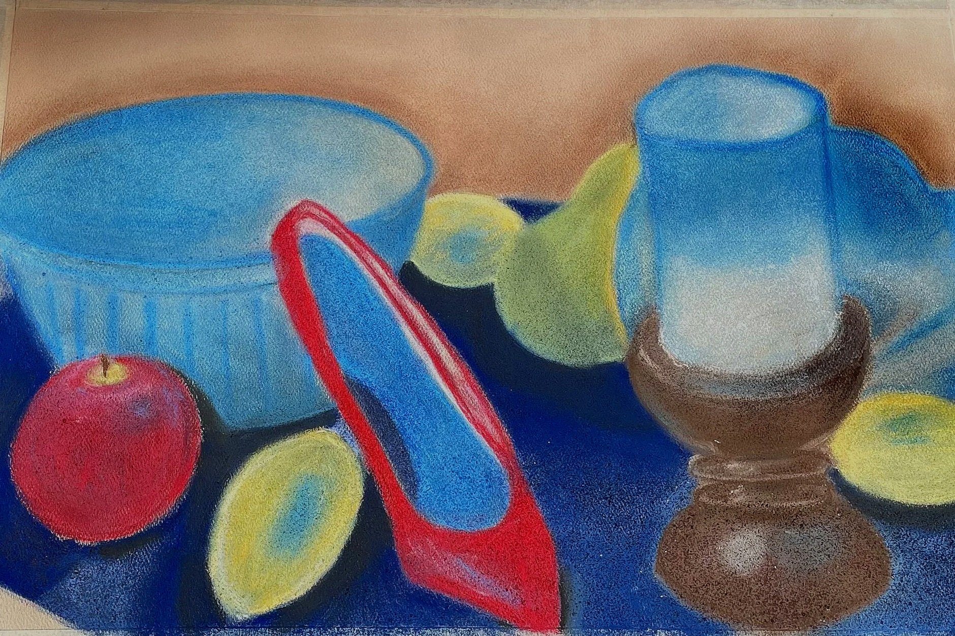 A colorful still life painting featuring a blue bowl, a transparent glass filled with a liquid, a red apple, and various yellow and green fruits.