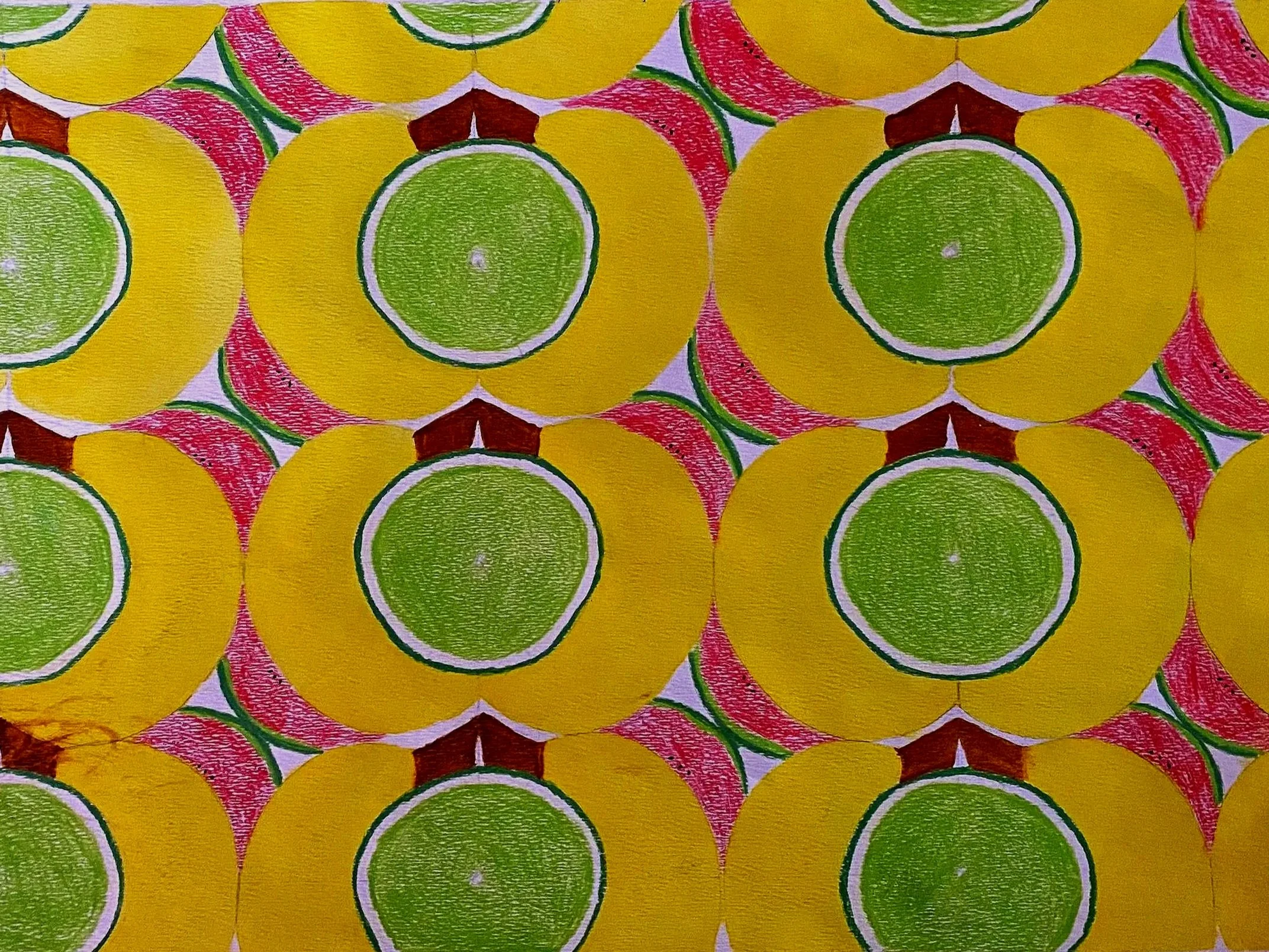 Colorful pattern consisting of overlapping sliced citrus fruits, including lemons, limes, and watermelons, arranged in a repetitive mosaic.