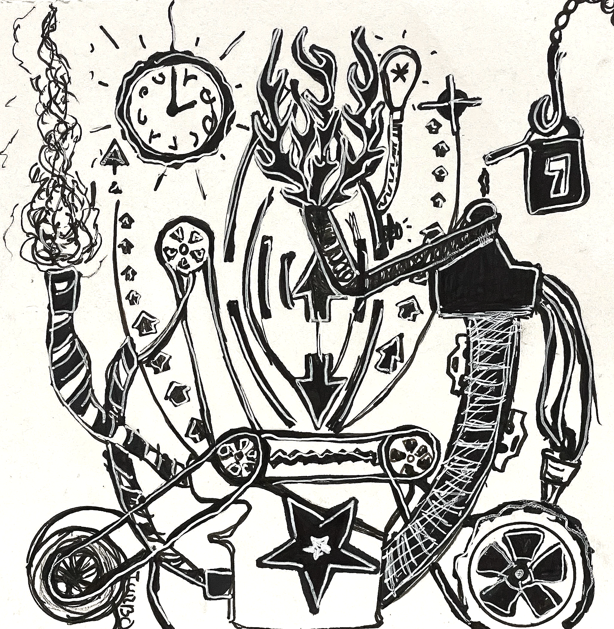 Black and white drawing of various objects and symbols including a clock, a chess piece, a star, a wheel, and a chain, arranged in a scattered composition.
