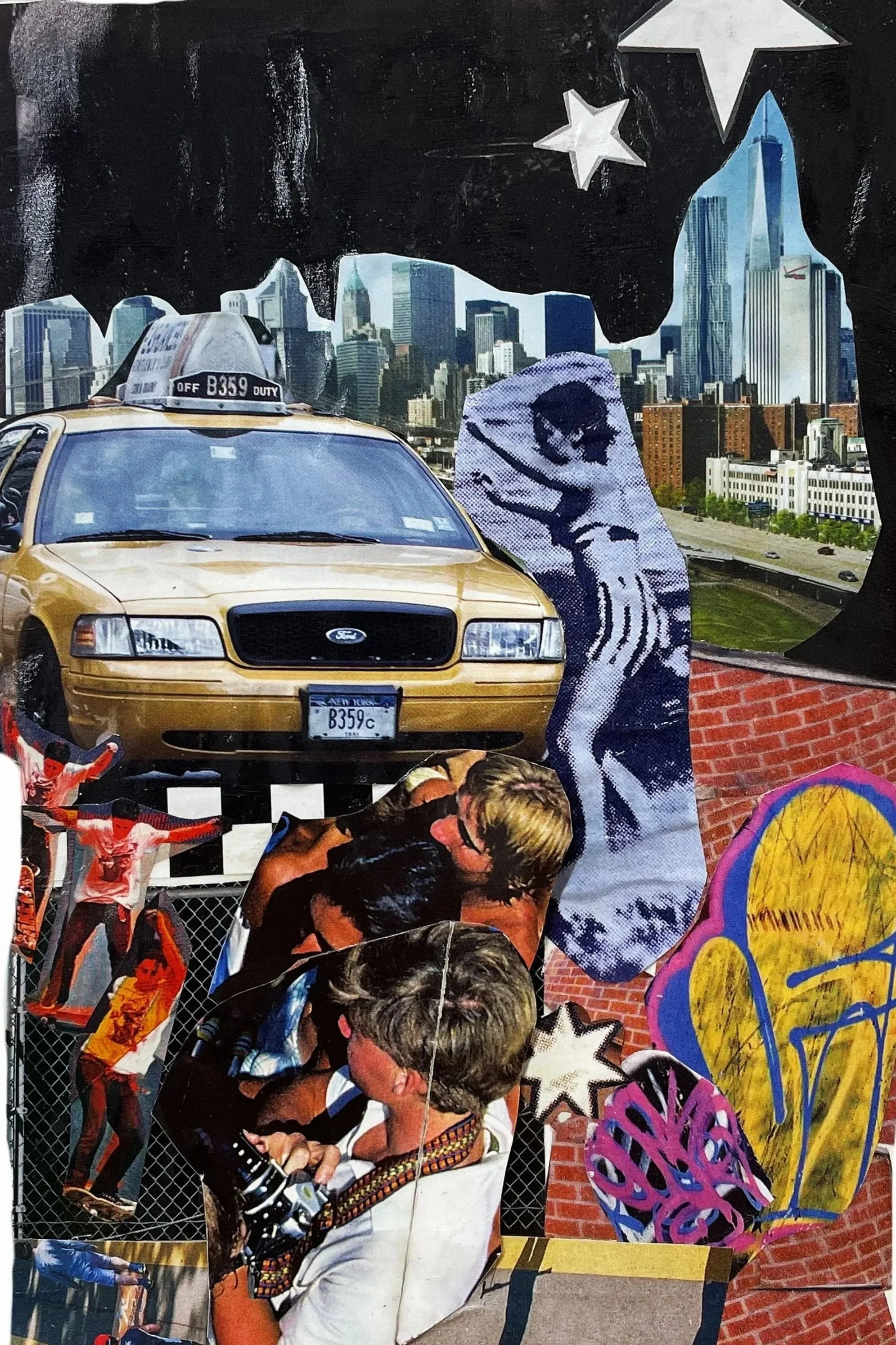 Collage of various elements including a yellow taxi cab with a New York license plate, a black background with stars, a cityscape of skyscrapers, a woman and child embracing, comic-style graphics, and a person riding a skateboard.