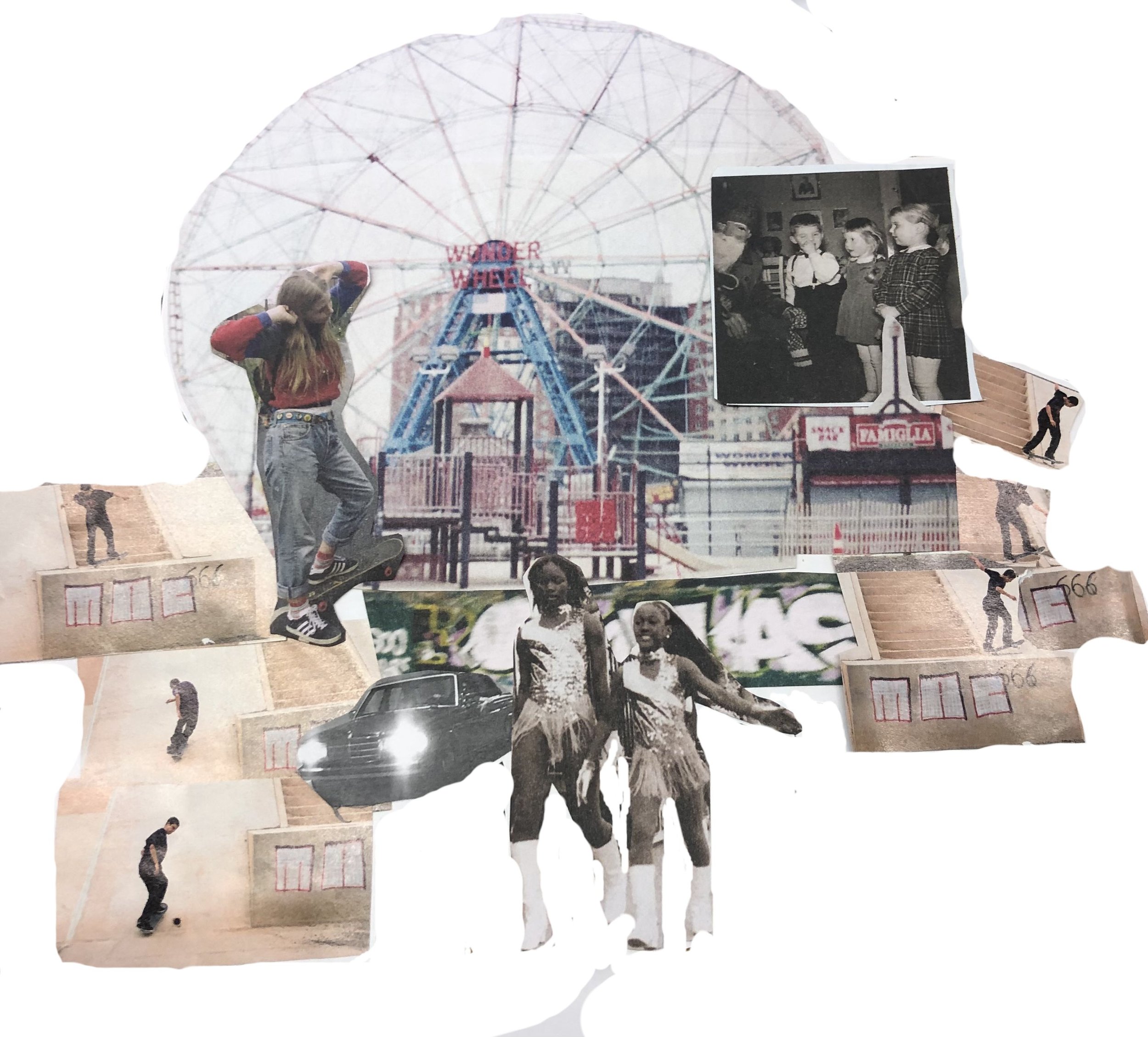 Collage of vintage photographs and a colored image of an amusement park with a Ferris wheel, featuring children and adults.