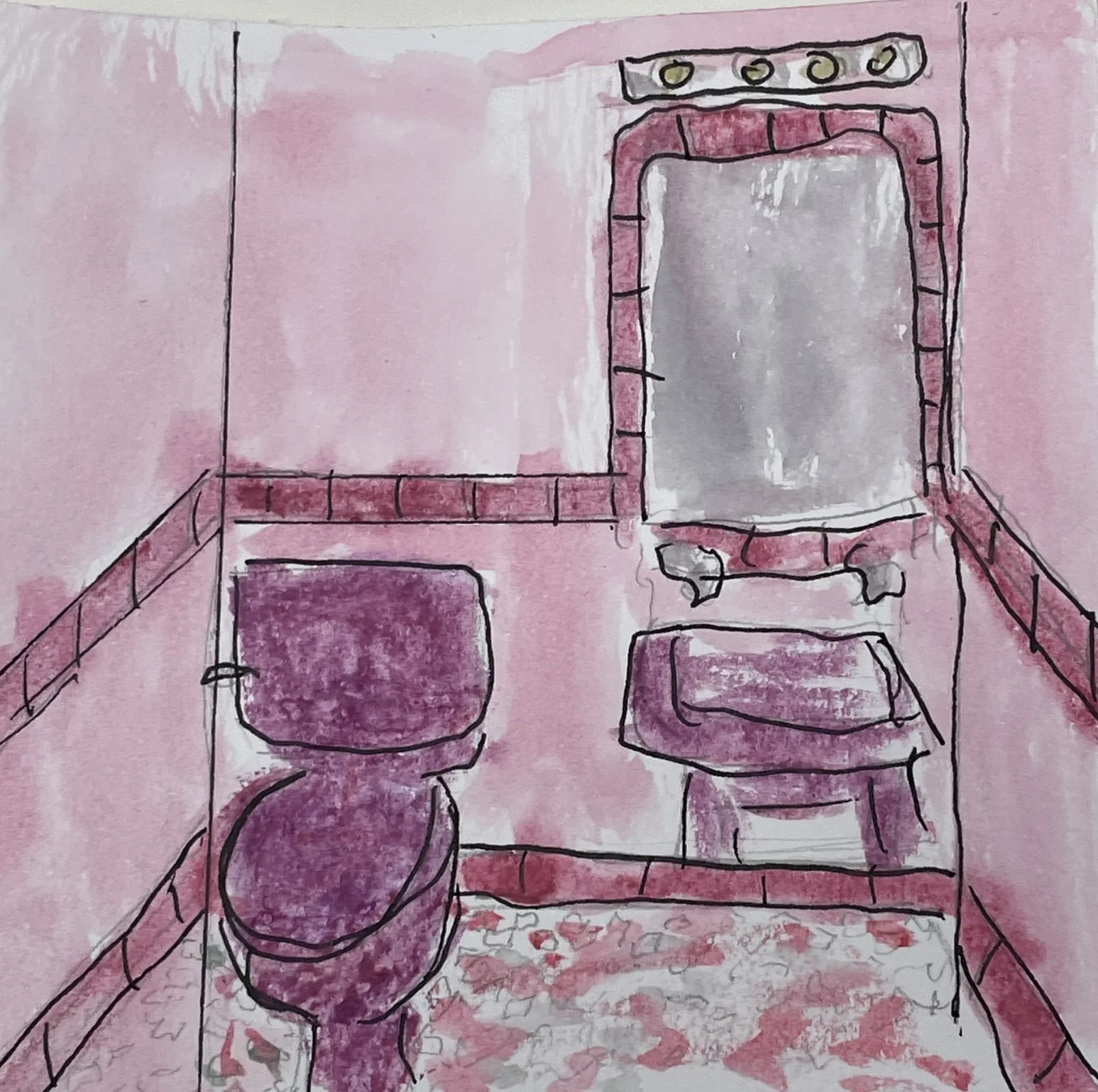 A child's drawing of a bathroom with a mirror, a toilet, a sink, and pink walls. The fixtures are outlined in black, with pink and purple coloring.