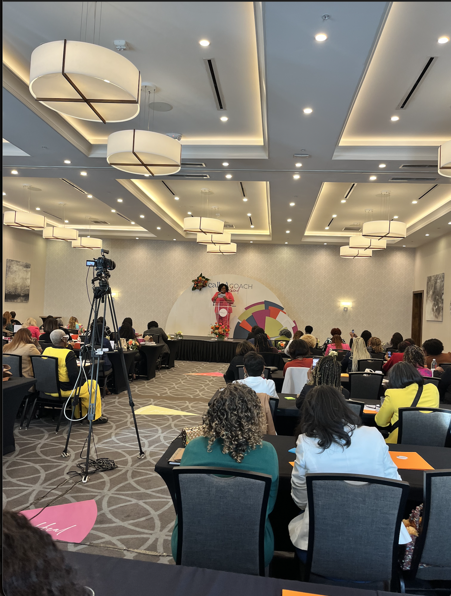 Conference room filled with audience, Amanda Ross-Hardin giving a presentation, large circular logo backdrop, professional setting with lighting and ceiling fixtures, camera on tripod recording the event.