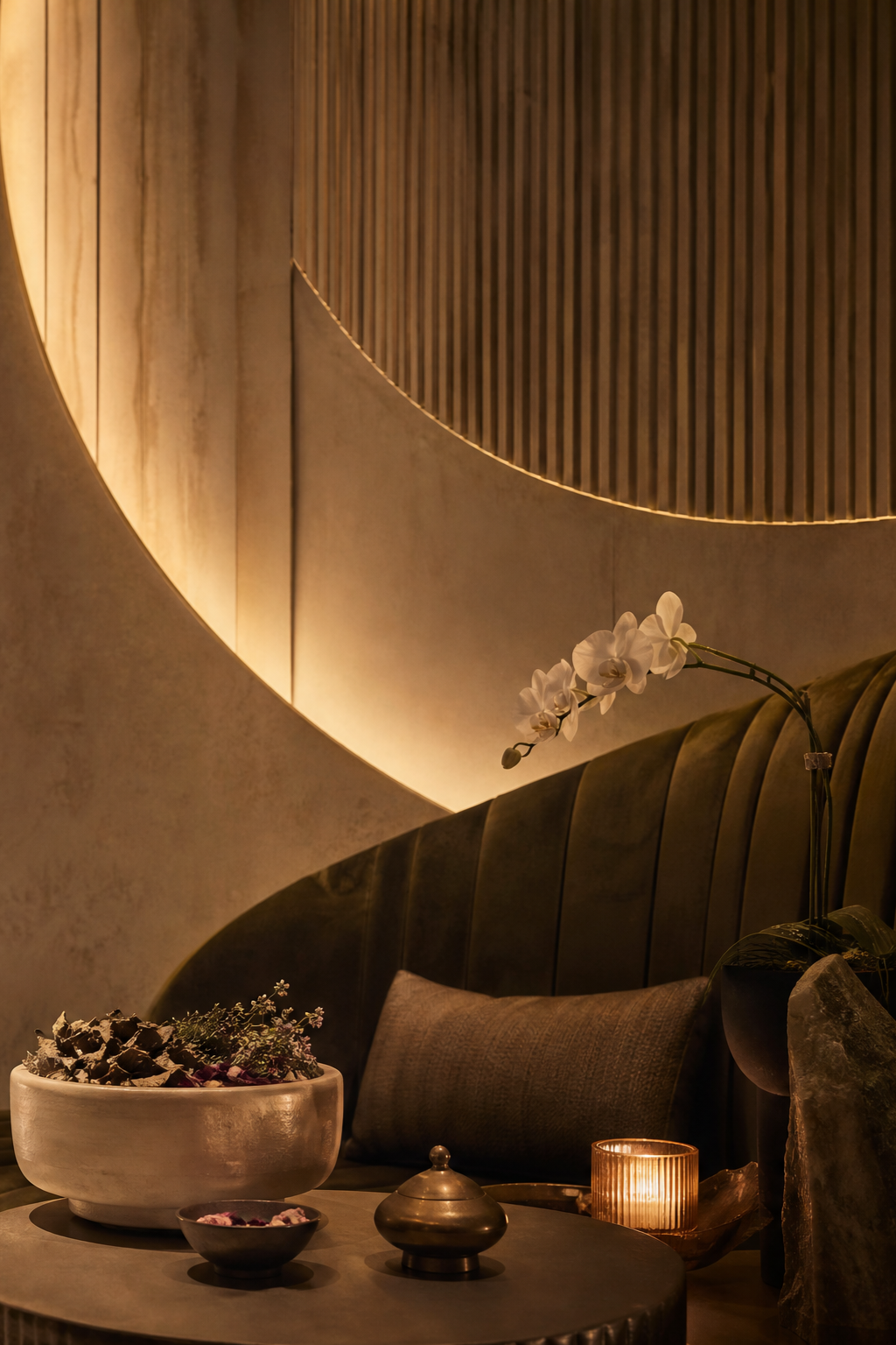 A cozy, dimly-lit hospitality lounge space with a rounded wall, decorative lighting, a dark velvet sofa, and decorative items including a white orchid, candles, a bowl of flowers, and a dark ceramic vessel on a side table.