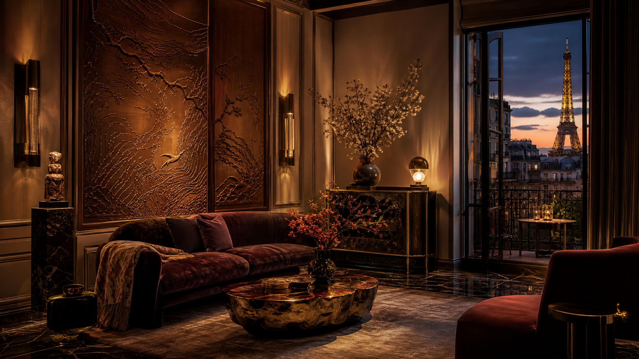 Luxurious Parisian living room with a velvet sofa, a marble coffee table, and luxury wall art, overlooking the Eiffel Tower at sunset through open balcony doors.