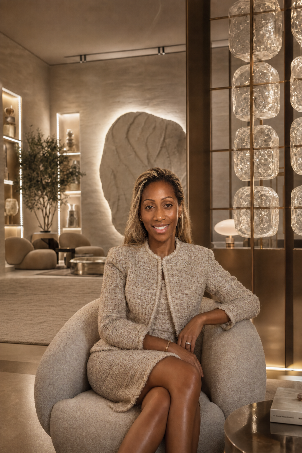 founder Aisha, a woman with blonde hair siting one of designed spaces in a beige textured suit, sitting on a plush chair, smiling in a modern, warmly lit interior with decorative lighting, a plant, and stylish furniture.