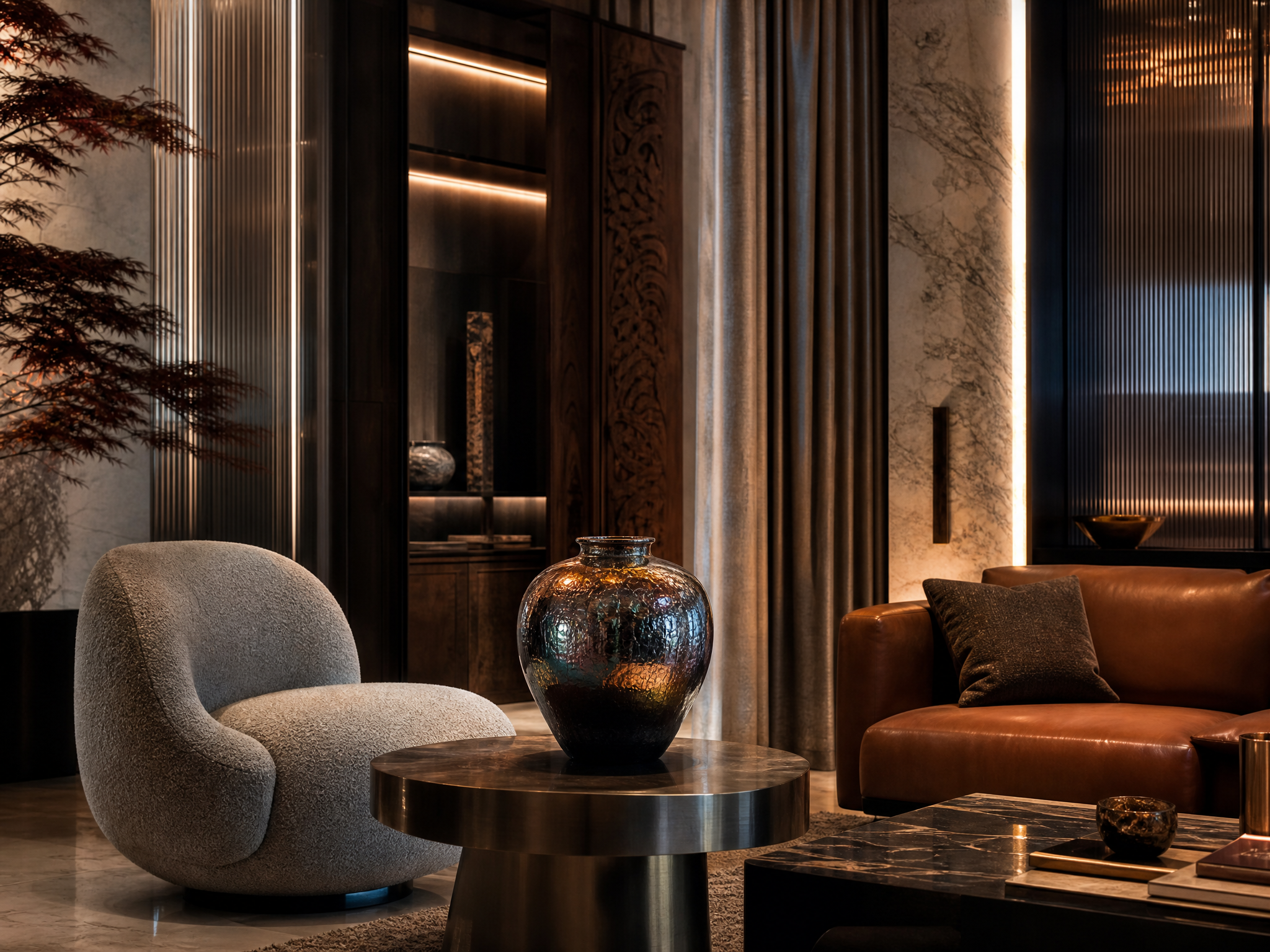 A modern, dimly lit living room within hospitality space with a beige rounded armchair, a black marble-topped side table with a ceramic vase, a brown leather sofa with pillows, wooden panels and curtain decor, and warm ambient lighting.