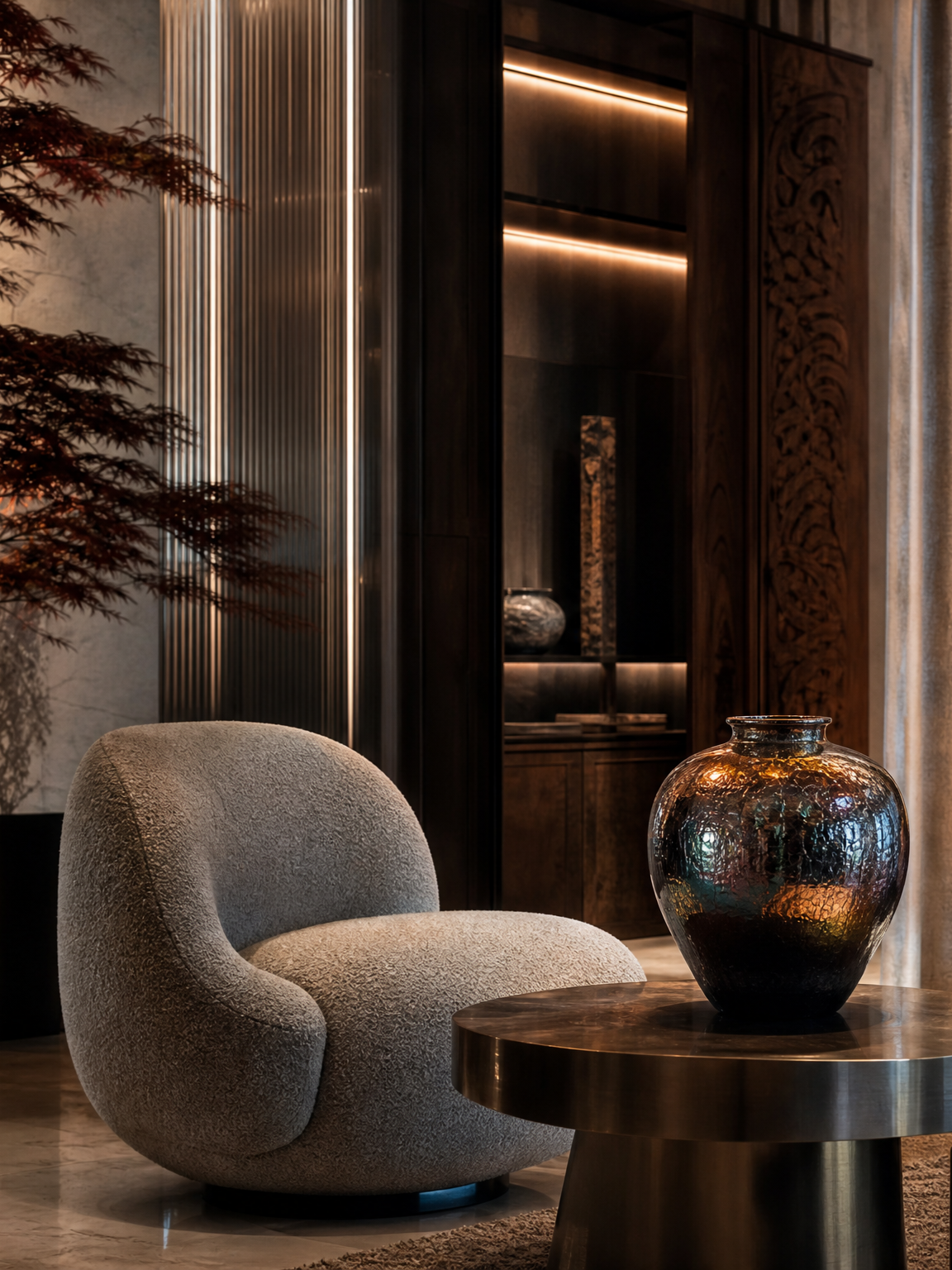 A modern hospitality lounge interior with a textured beige armchair, a dark wooden side table with a colorful, reflective vase, a large potted plant, and a dark wood cabinet with decorative objects illuminated by warm lighting.