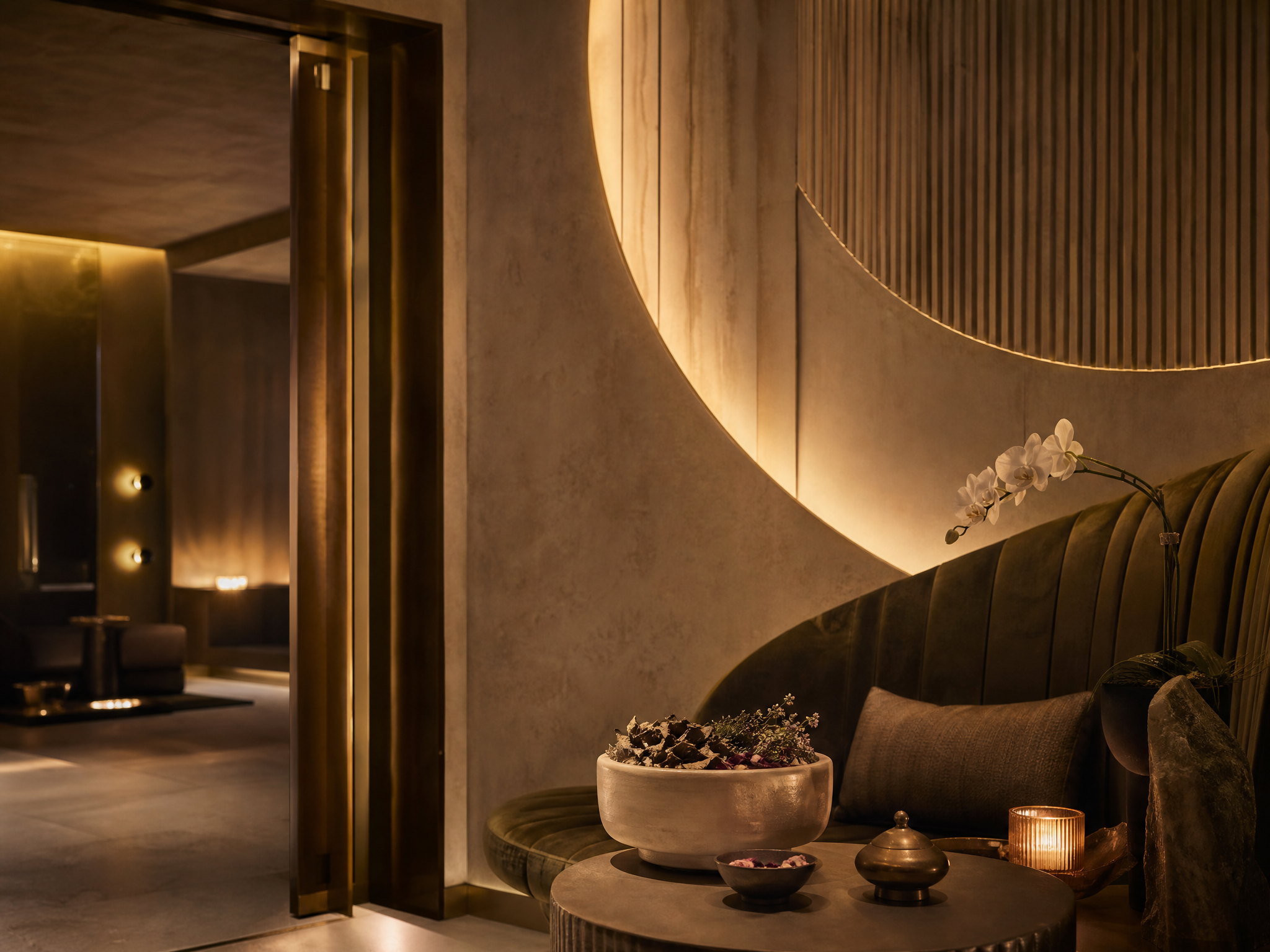Hospitality lounge interior of a modern, warmly lit room with textured walls, a curved design element, a velvet armchair, a small round table with a potted orchid, and candles on the table, creating an inviting atmosphere.