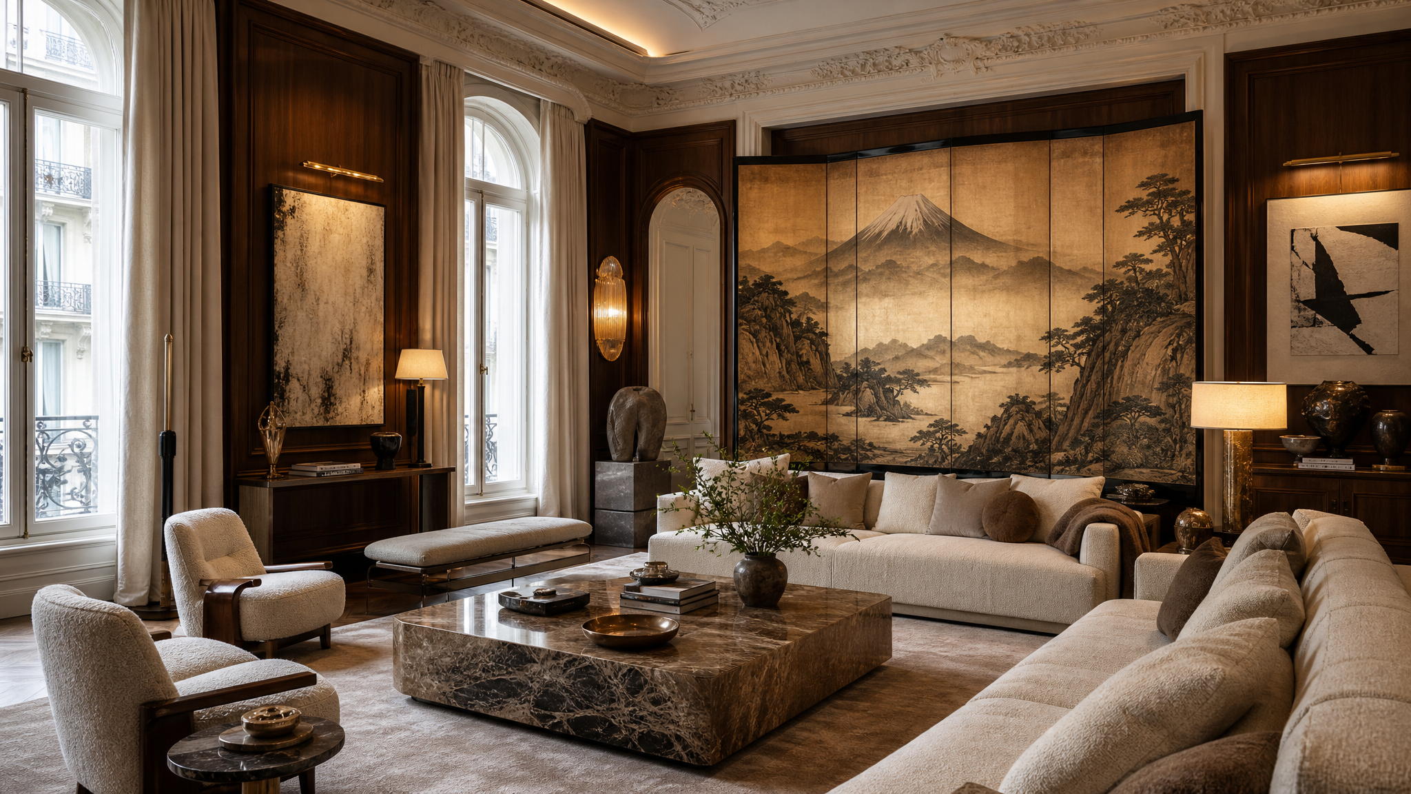 Luxury apartment living room with dark wood paneling, large windows with white curtains, and Asian-themed art on the walls, including a large folding screen depicting Mount Fuji and a landscape.