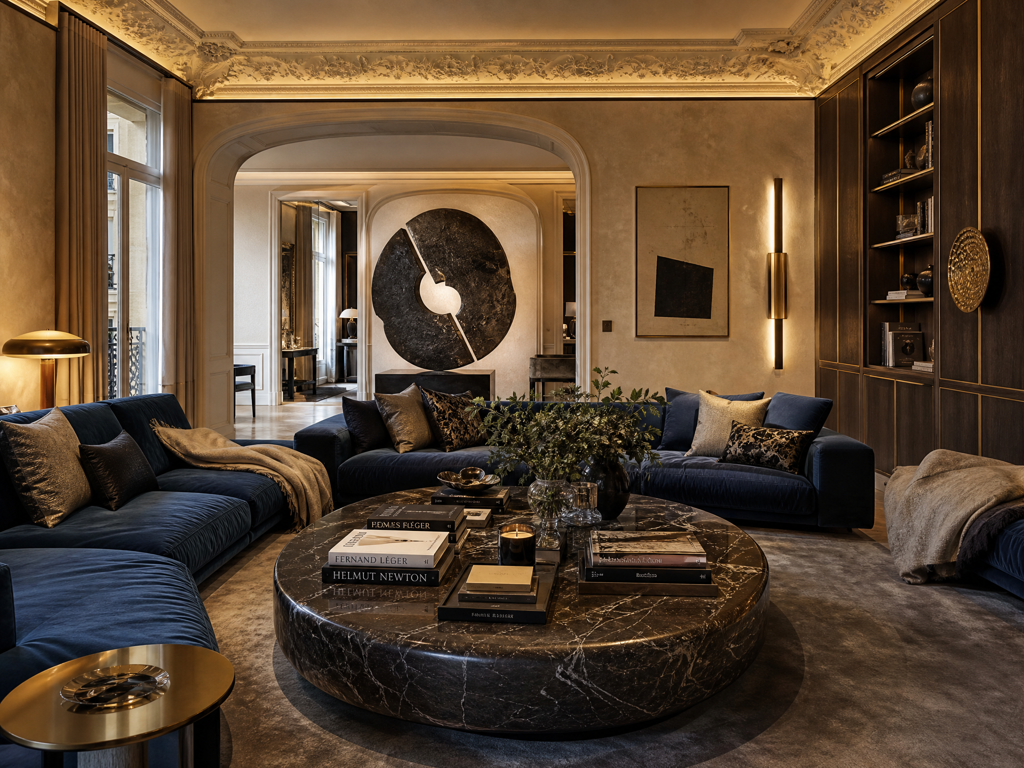 A luxurious living room with a dark marble coffee table, black velvet sofas with throw pillows, a gold side table with a small object, beige walls with ornate moldings, tall windows with beige curtains, modern wall lighting, abstract art, and decorative books on the coffee table.