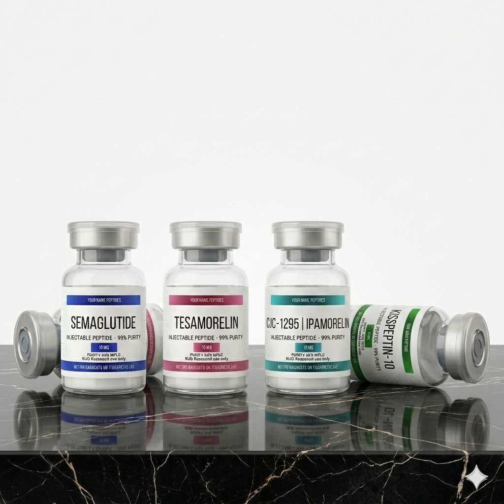 Four vials of peptides on a reflective black surface, with three standing upright and one lying down.
