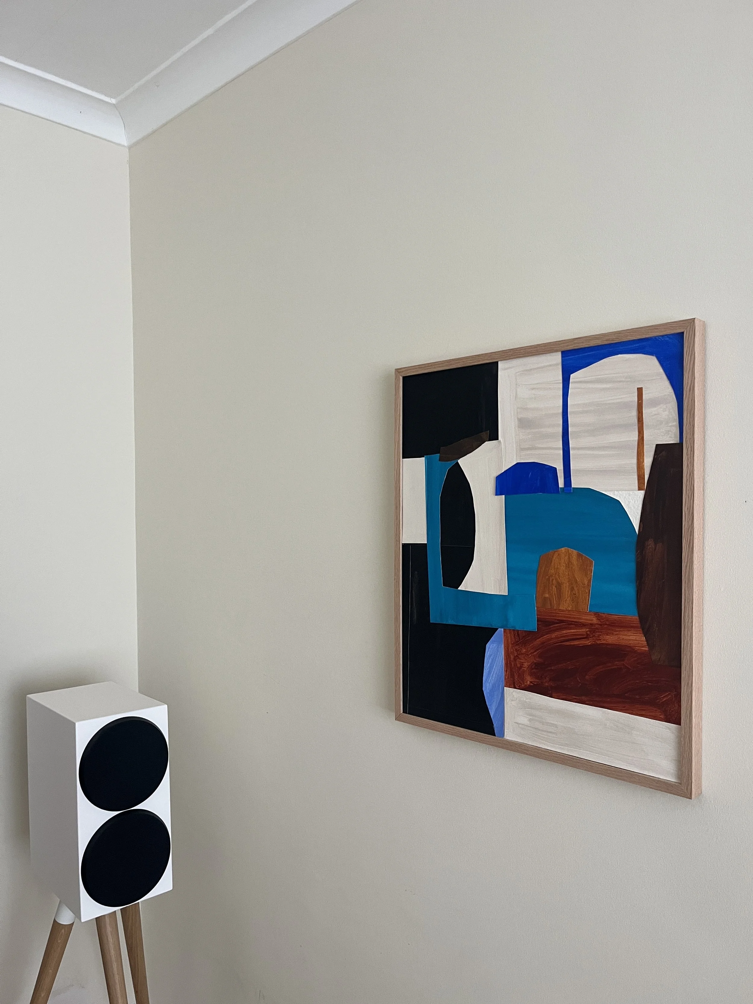 Available. 50 × 60 cm. Acrylic and paper on canvas. Oak frame. Enquire for details.