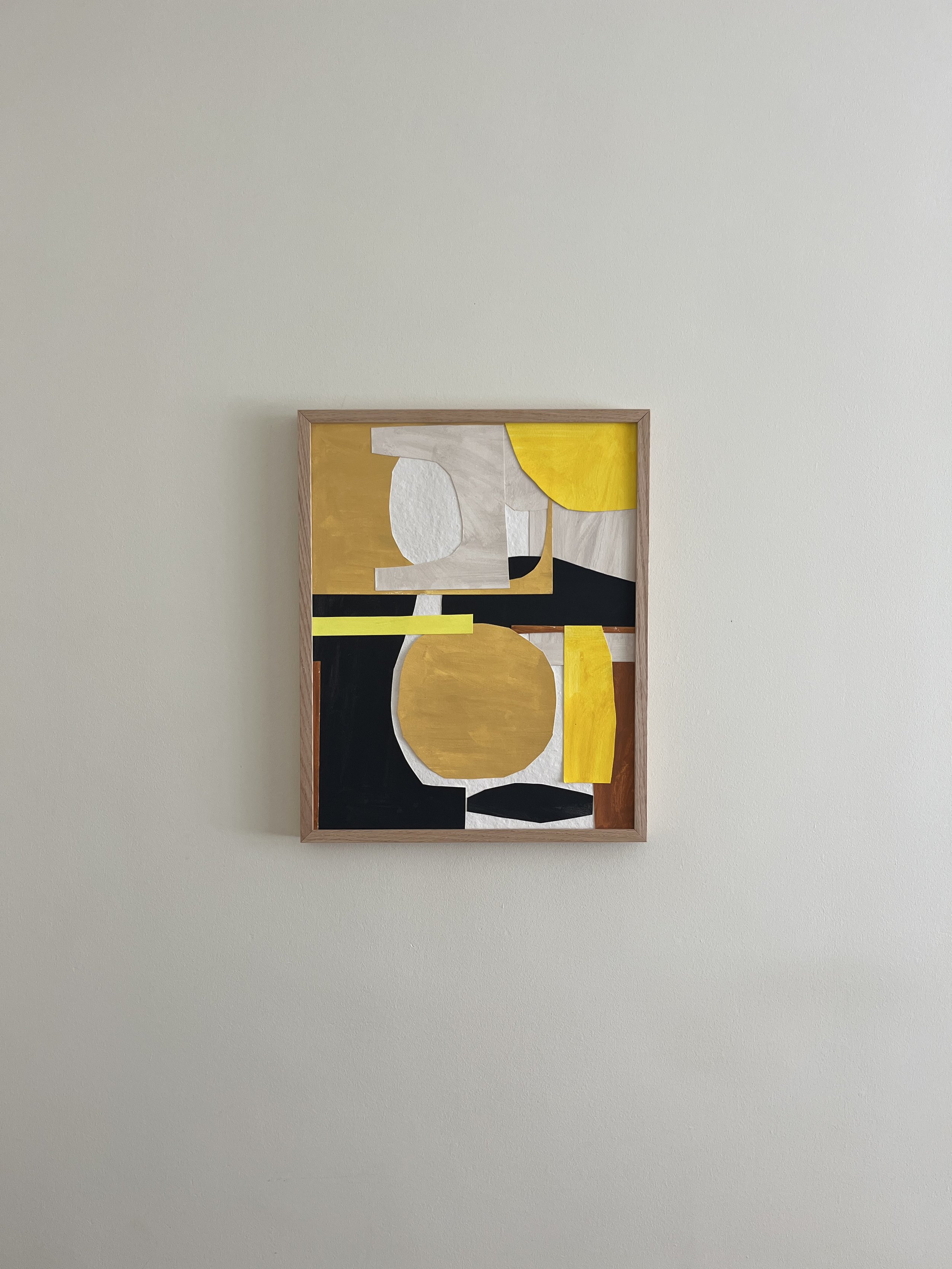 Available. 40 × 50 cm. Acrylic and paper on canvas. Oak frame. Enquire for details.