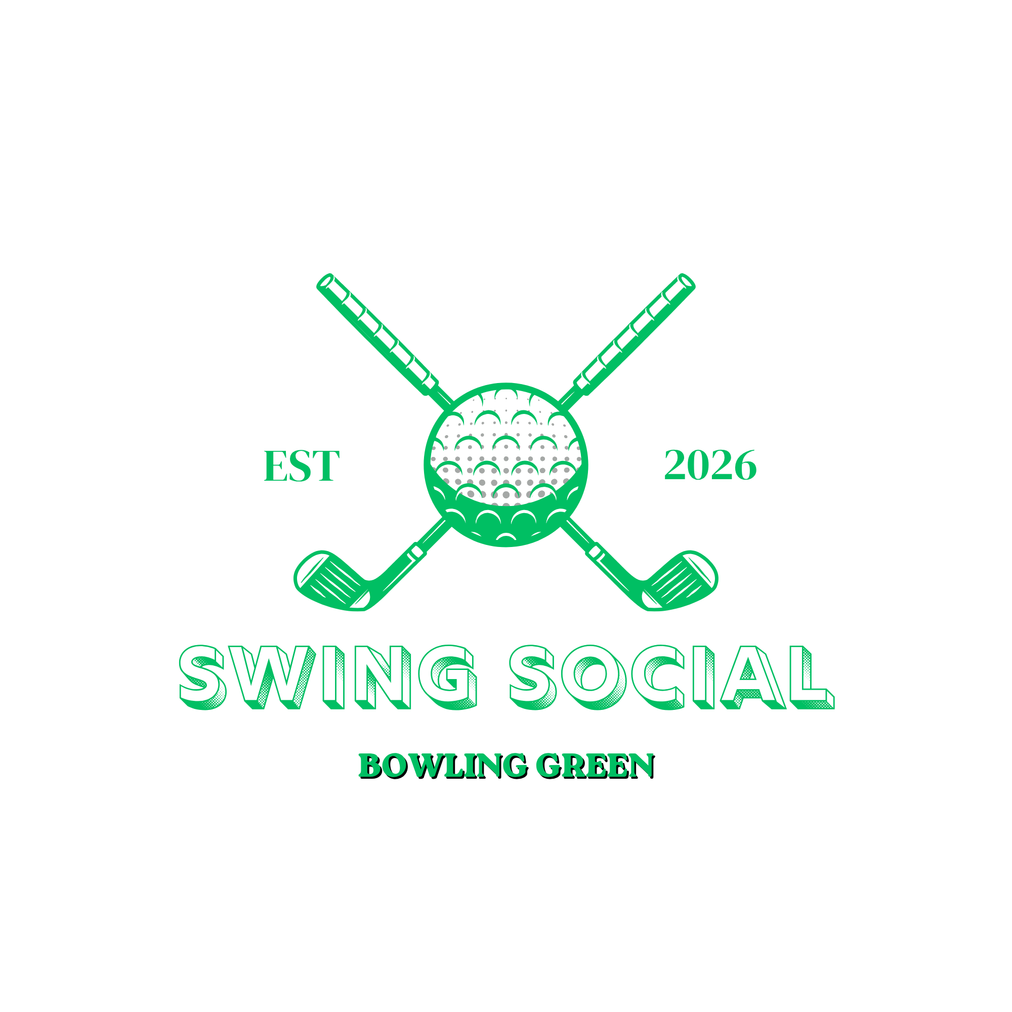 A golf ball with two golf clubs crossing behind it, surrounded by text that says 'EST 2026', 'BOWLING GREEN', and 'SWING SOCIAL' in green and teal colors.