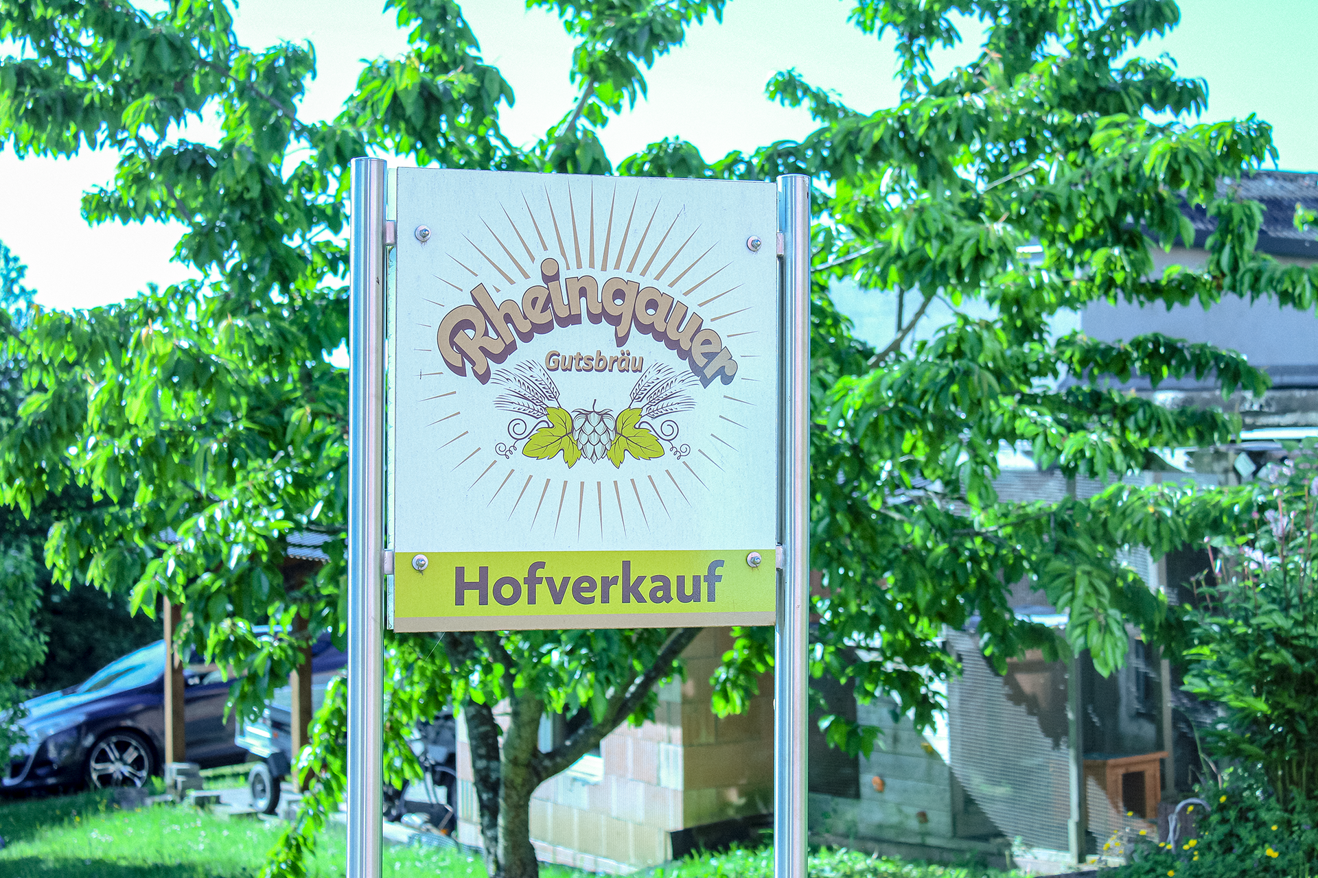 Ein Schild mit dem Logo der Rheingauer Gutsbräu und dem Wort "Hofverkauf" steht vor einem Baum, im Hintergrund sind Autos und Häuser sichtbar.