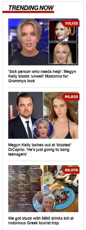 Trending news headlines with images of Megyn Kelly on the New York Post
