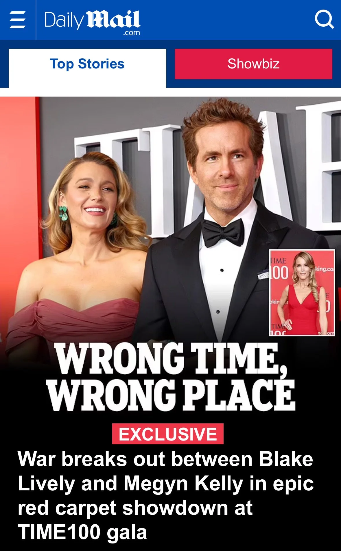 A magazine screenshot featuring Blake Lively and Megyn Kelly on a red carpet at the TIME100 Gala, with a headline about a war between them during the event.