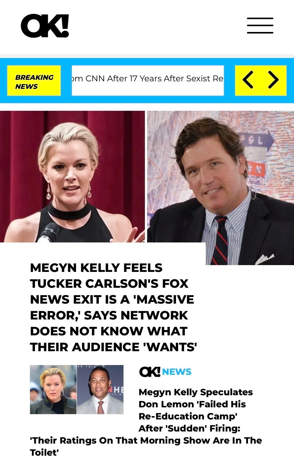 News website featuring Megyn Kelly and Tucker Carlson