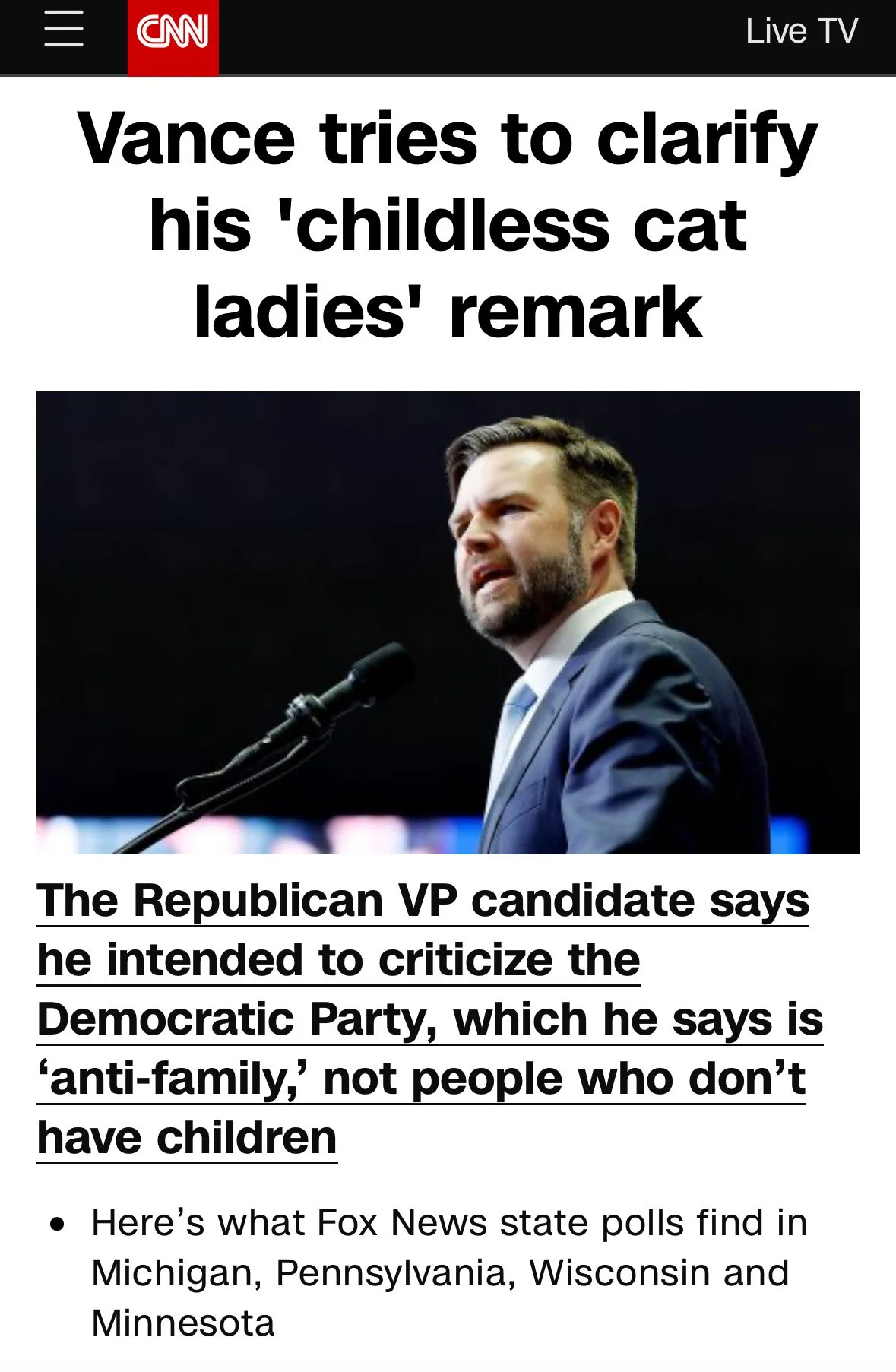 CNN article featuring a photo of VP JD Vance, speaking at a podium.