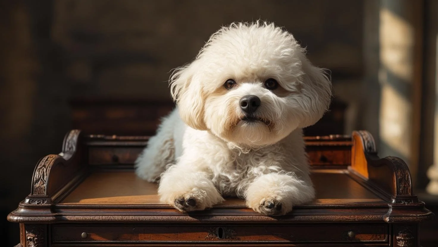 A small, fluffy, white dog with curly fur lying on an ornate wooden table, looking directly at the camera.