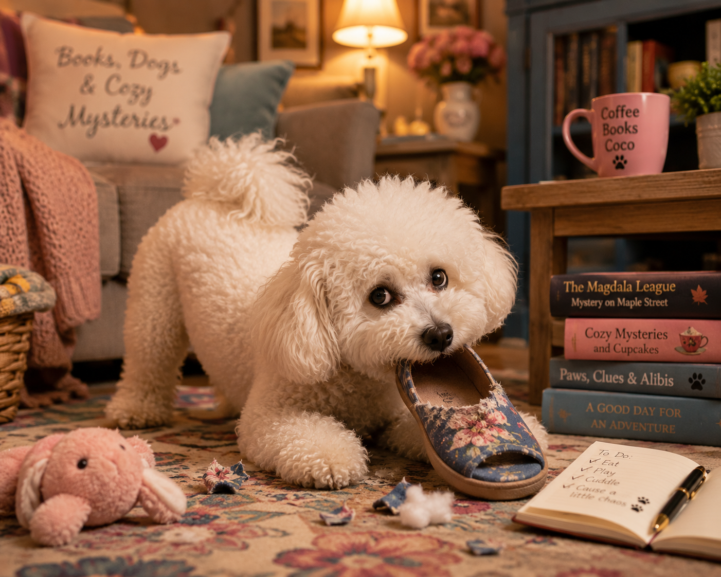 A white poodle puppy playing with a floral slipper in a cozy living room, surrounded by a plush pink toy, a stack of books, a pink mug, and a notebook with a to-do list, with warm lighting and decorative pillows.