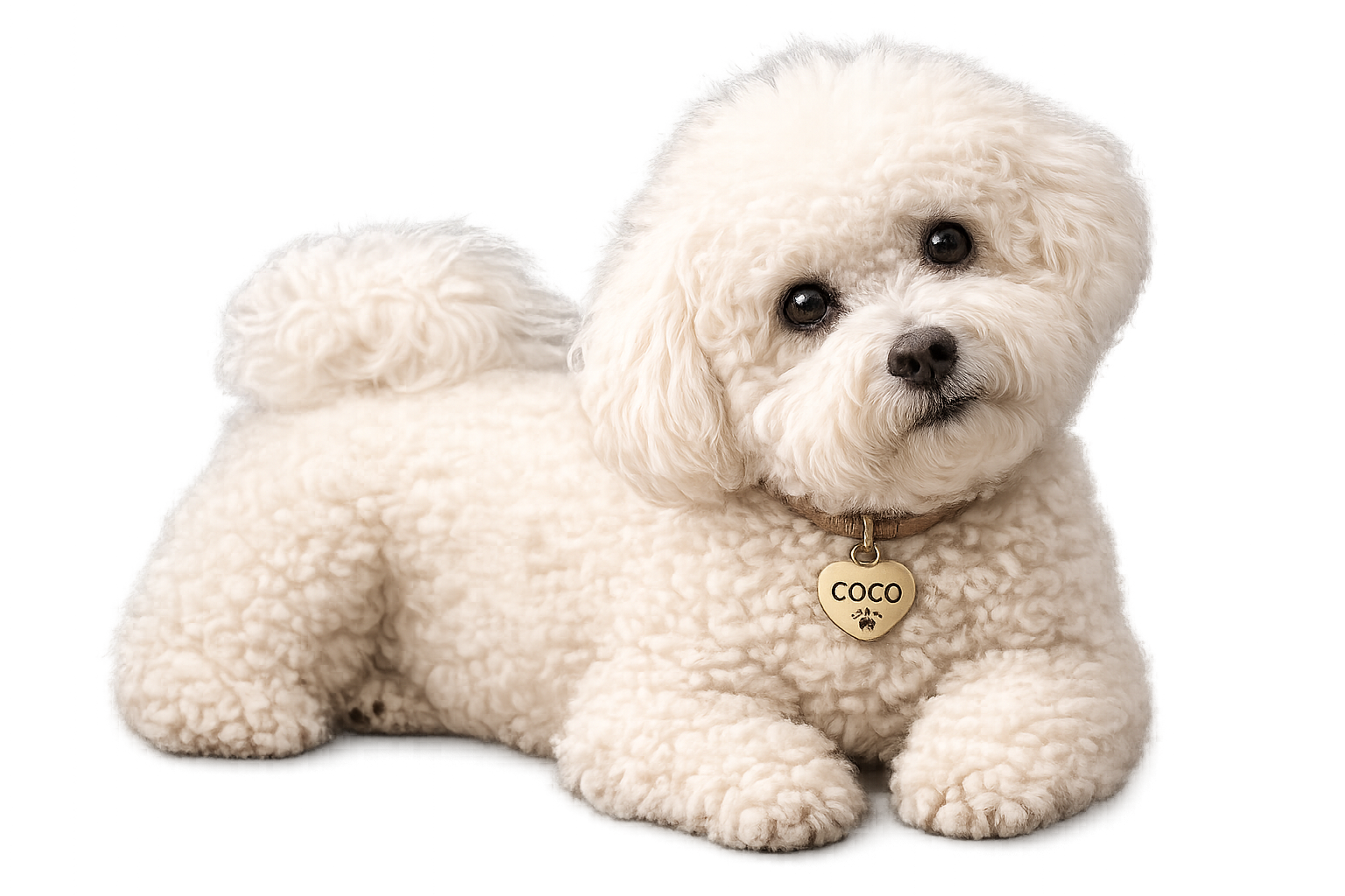 A small, fluffy, white dog with curly fur lying down on a surface. The dog is wearing a collar with a heart-shaped tag that says 'COCO'. The dog has large dark eyes and a gentle expression.