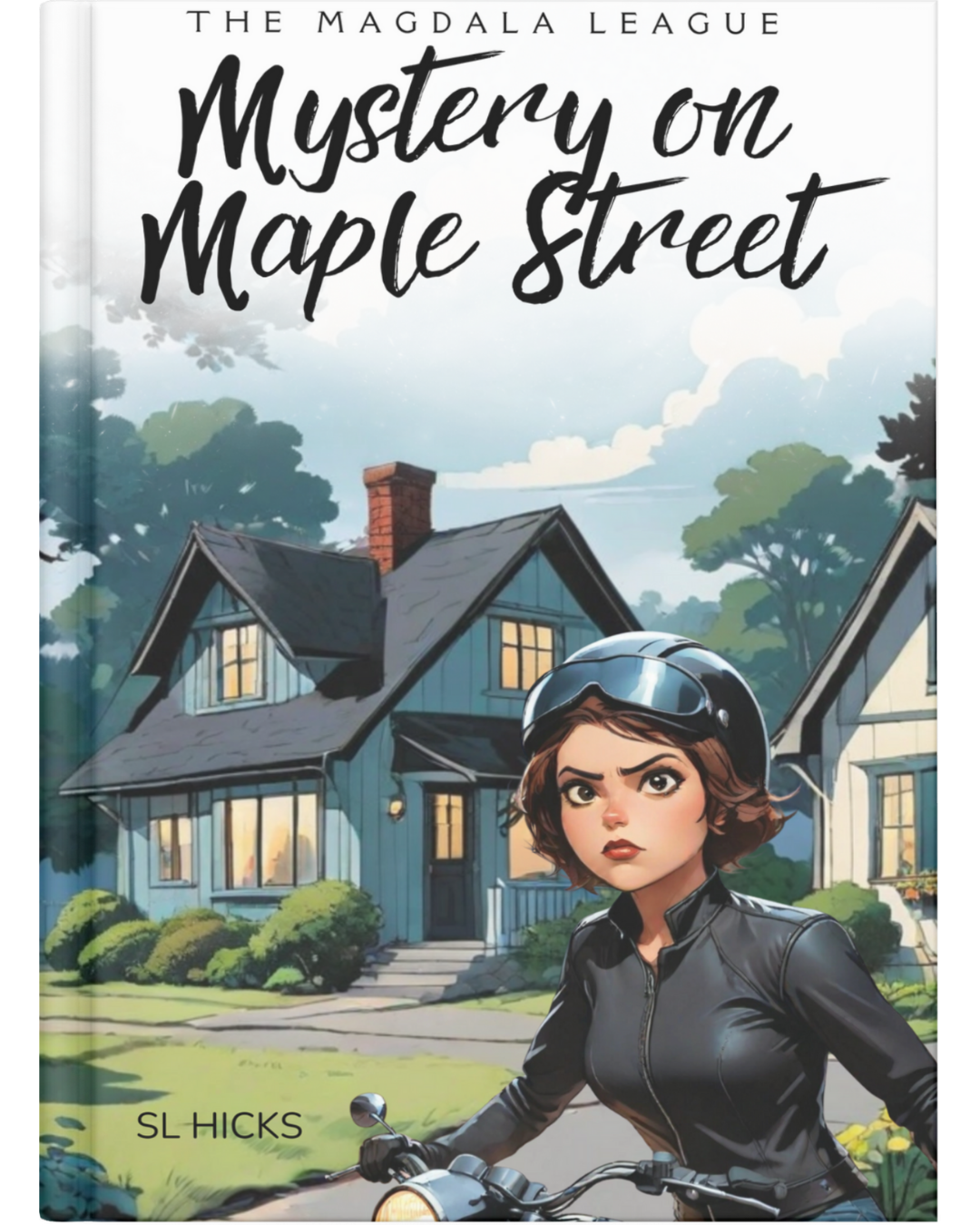 Book cover titled "Mystery on Maple Street" by SL Hicks. Features an illustration of a young woman with short brown hair wearing a black leather jacket and a helmet, sitting on a motorcycle in front of a house surrounded by trees.