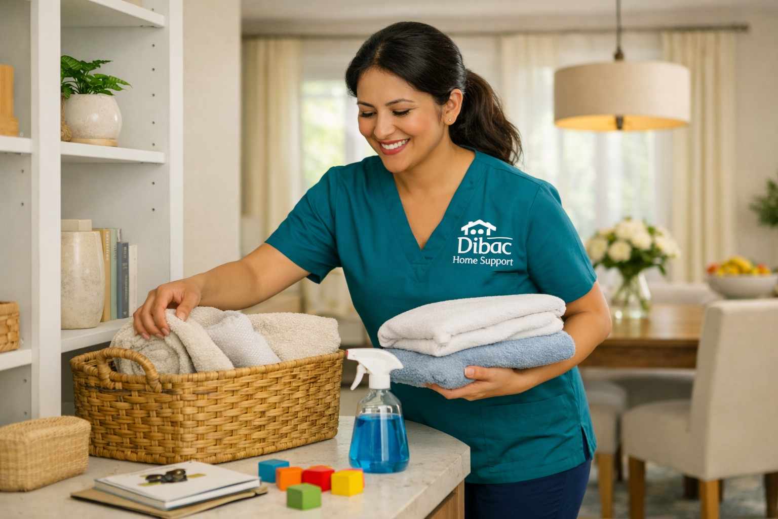 A woman in teal scrubs labeled 'Dibac Home Support' is organizing clean towels and linens in a basket in a living room, with a spray bottle of blue cleaning solution nearby.