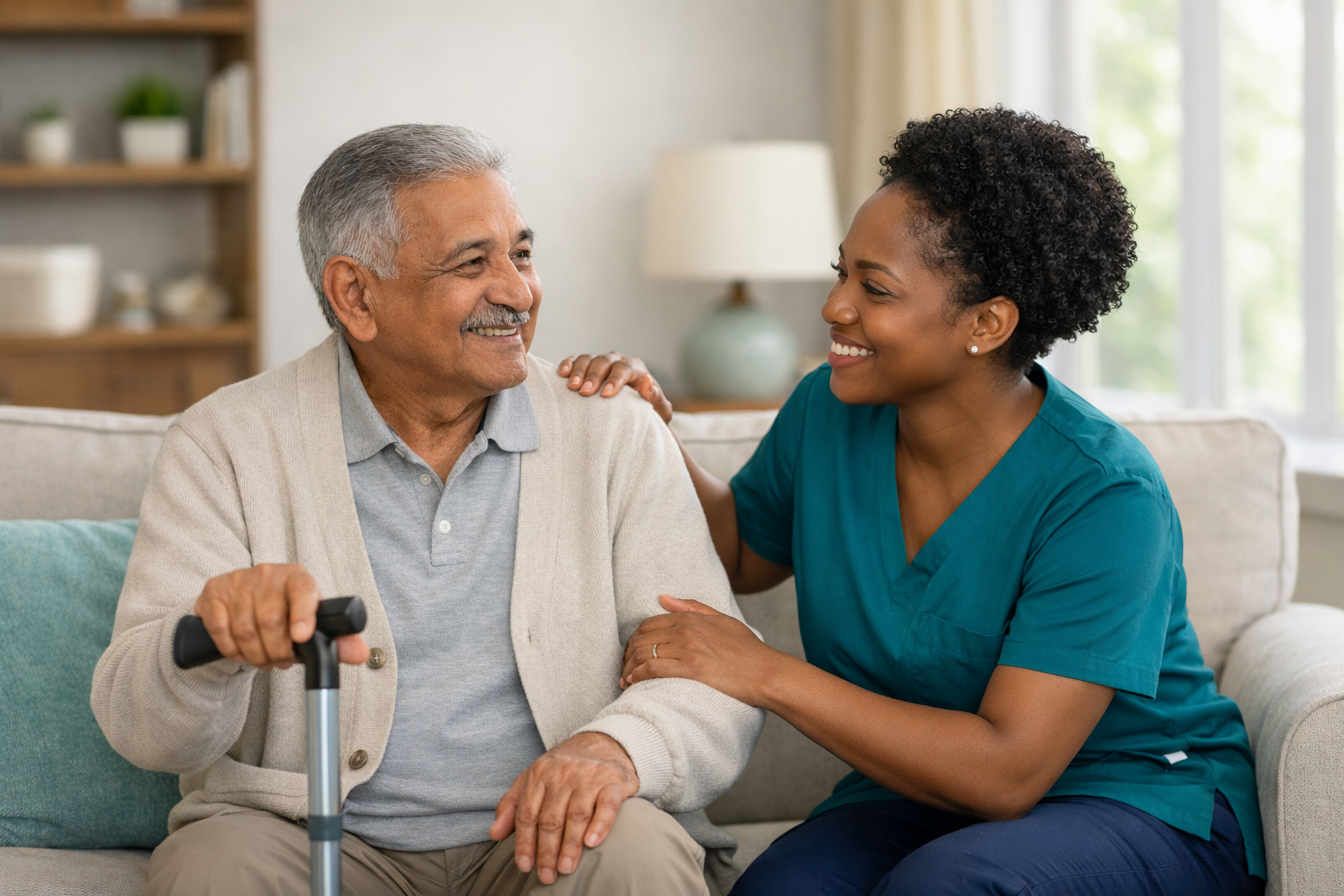 A smiling nurse with dark curly hair and a teal uniform comforting an elderly man with gray hair and mustache holding a cane, sitting on a beige sofa in a bright living room.