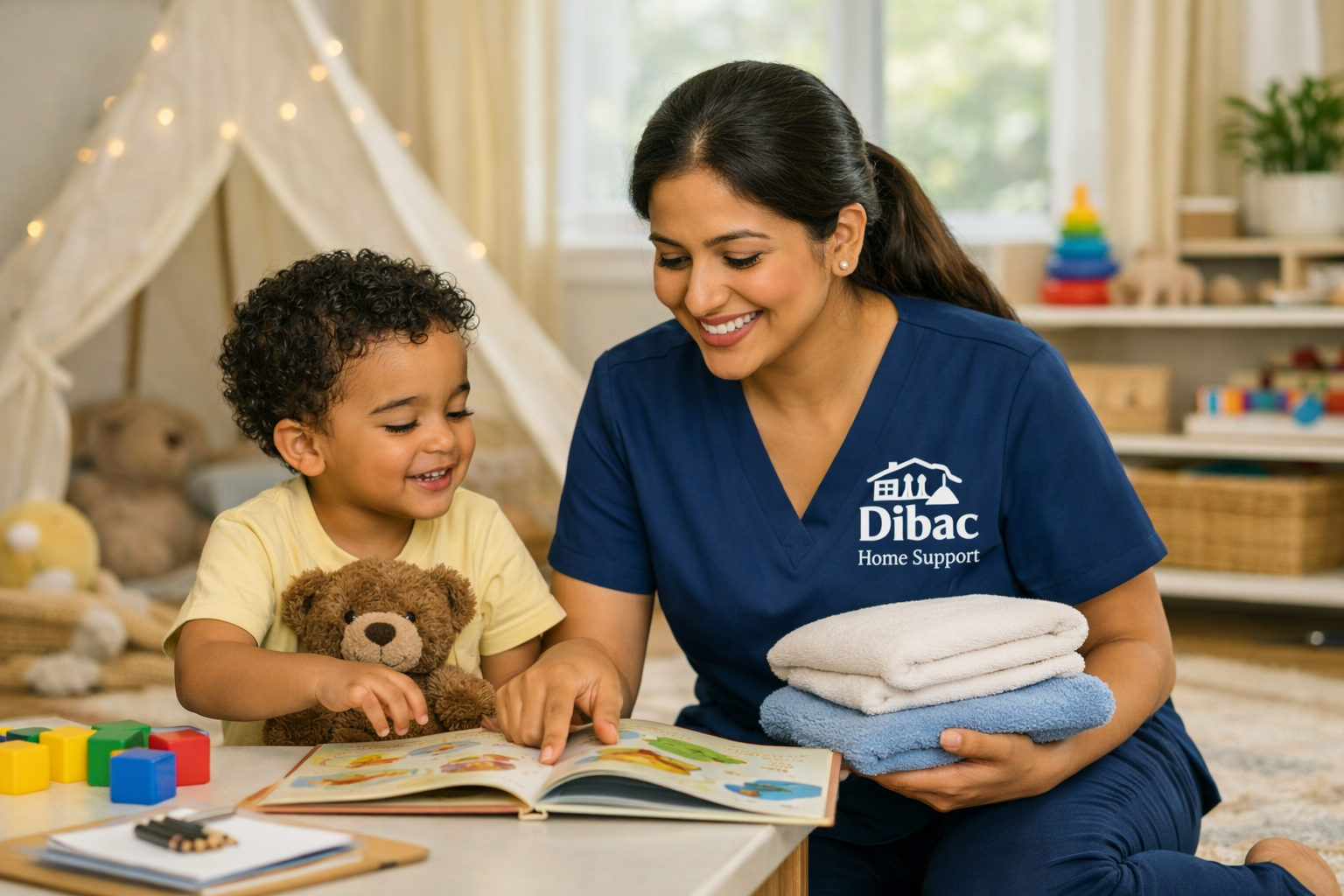 A woman in a blue uniform labeled Dibac Home Support reads a children's book to a young boy holding a teddy bear in a playroom filled with toys.
