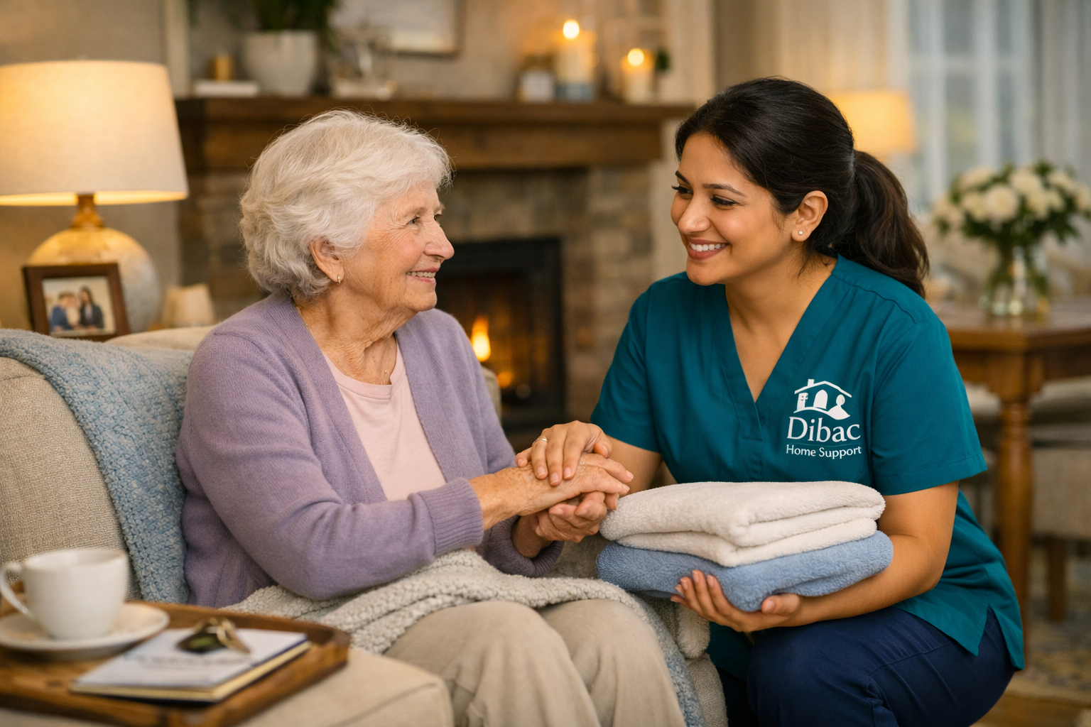 A caregiver in a teal uniform with the Dibaba Home Support logo offers folded towels to an elderly woman sitting on a couch, both smiling and holding hands, in a cozy living room with a fireplace.