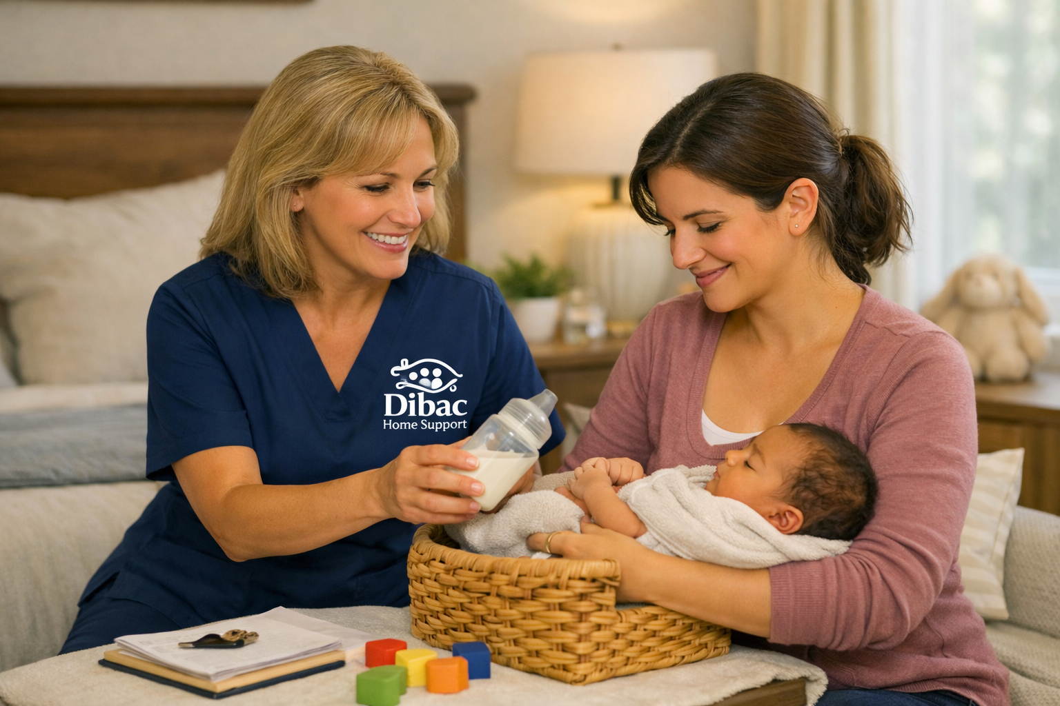 A nurse in blue scrubs hands a baby bottle to a woman holding a newborn baby. They are sitting on a bed in a cozy room with a lamp, side table, and stuffed animal in the background.