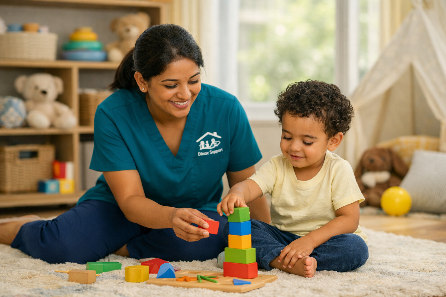 A caregiver and a young boy playing with colorful stacking blocks on a carpeted floor in a child's playroom.