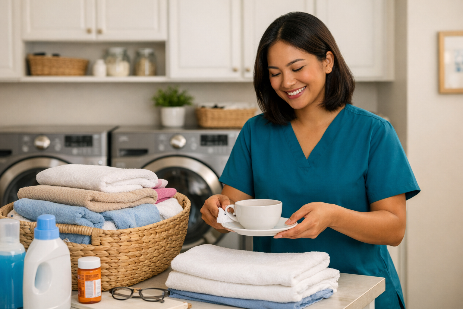 A smiling woman in blue scrubs holding a white cup and saucer in a laundry room with folded towels, laundry supplies, and a basket of towels on the countertop.