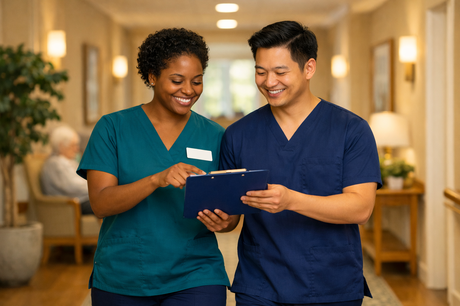 Two healthcare workers, a woman and a man, smiling and looking at a clipboard together in a hospital or clinic corridor.