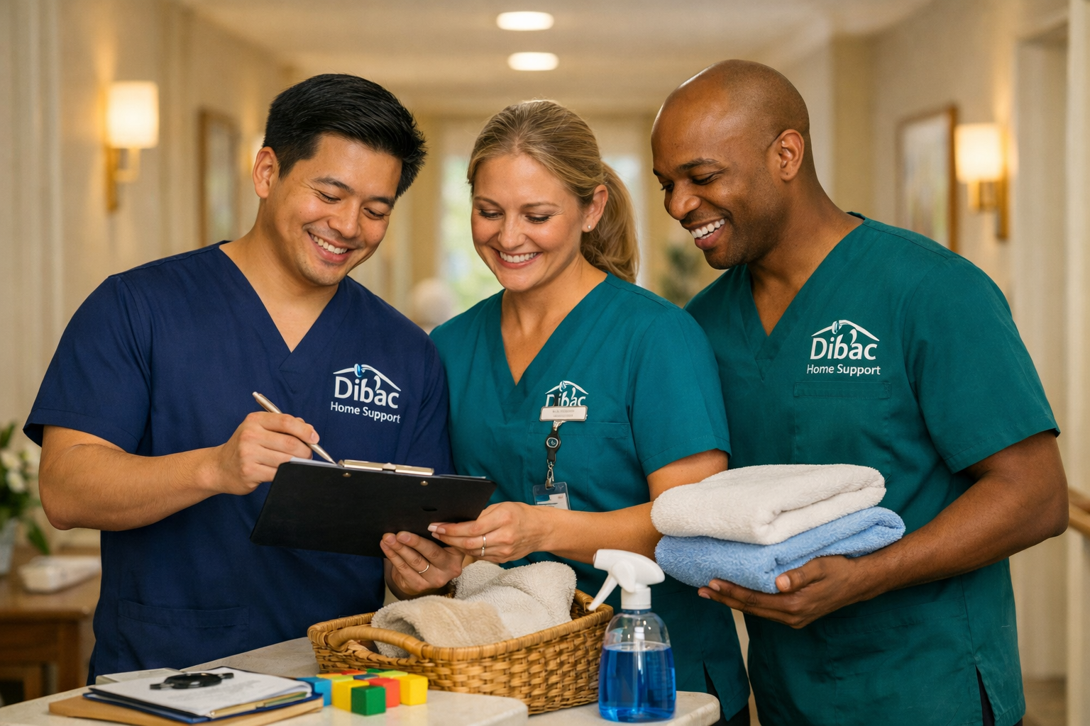 Three healthcare workers from Dibac Home Support, two men and a woman, reviewing information on a clipboard and smiling, inside a well-lit room with towels, cleaning supplies, and colorful blocks on the table.