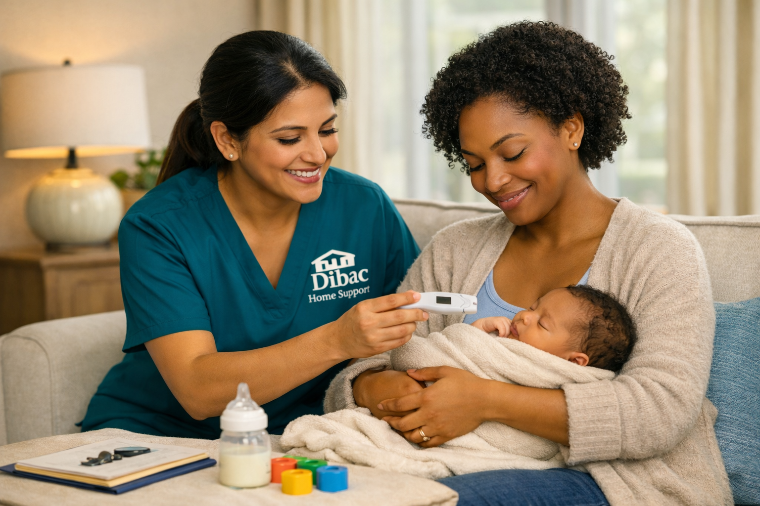 A healthcare professional in teal scrubs assisting a mother with a baby, holding a thermometer, in a bright, home-like environment.