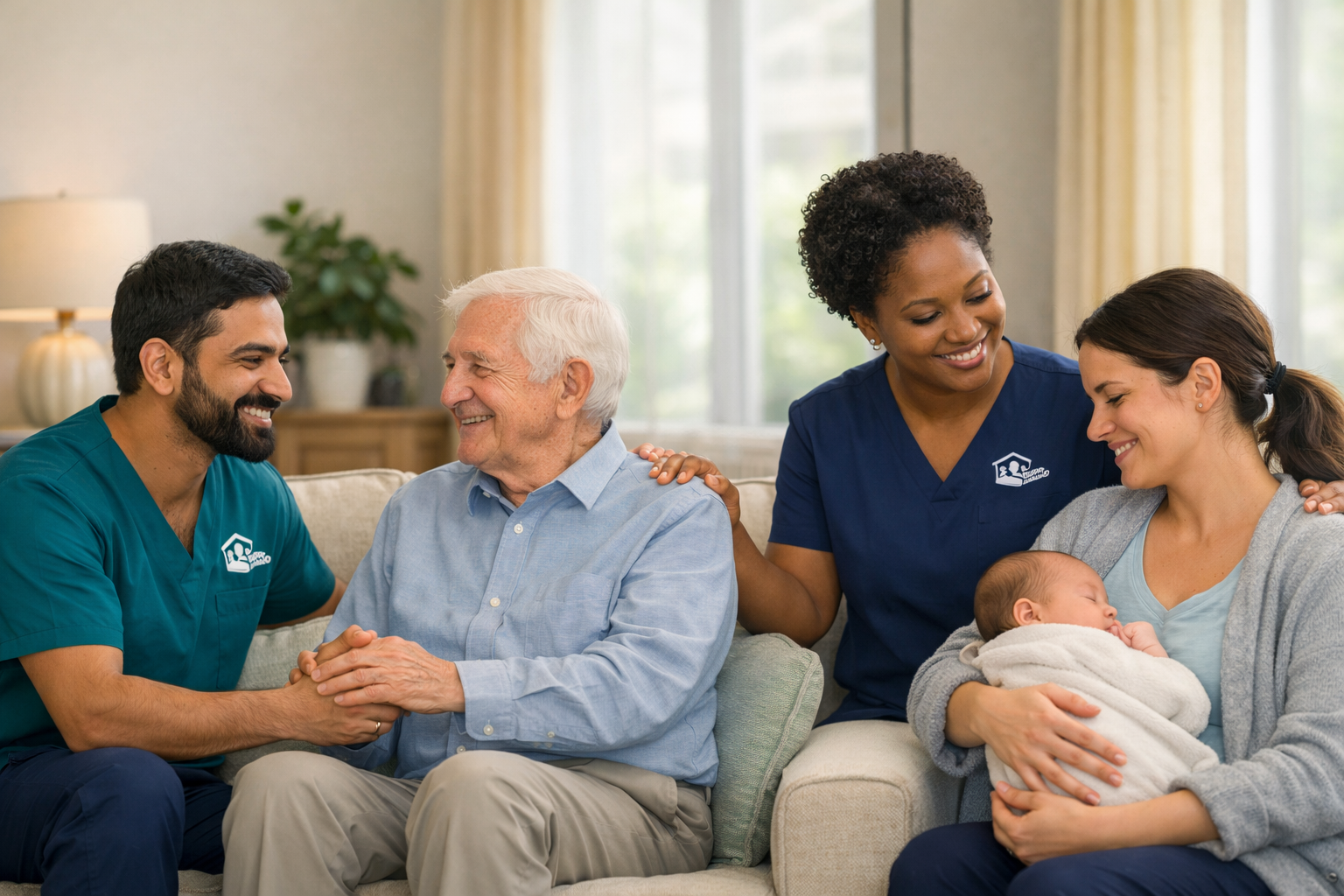 Caregiver smiles at an elderly man sitting on the couch while a female caregiver has her hand on his shoulder and smiles at a new mother holding an infant