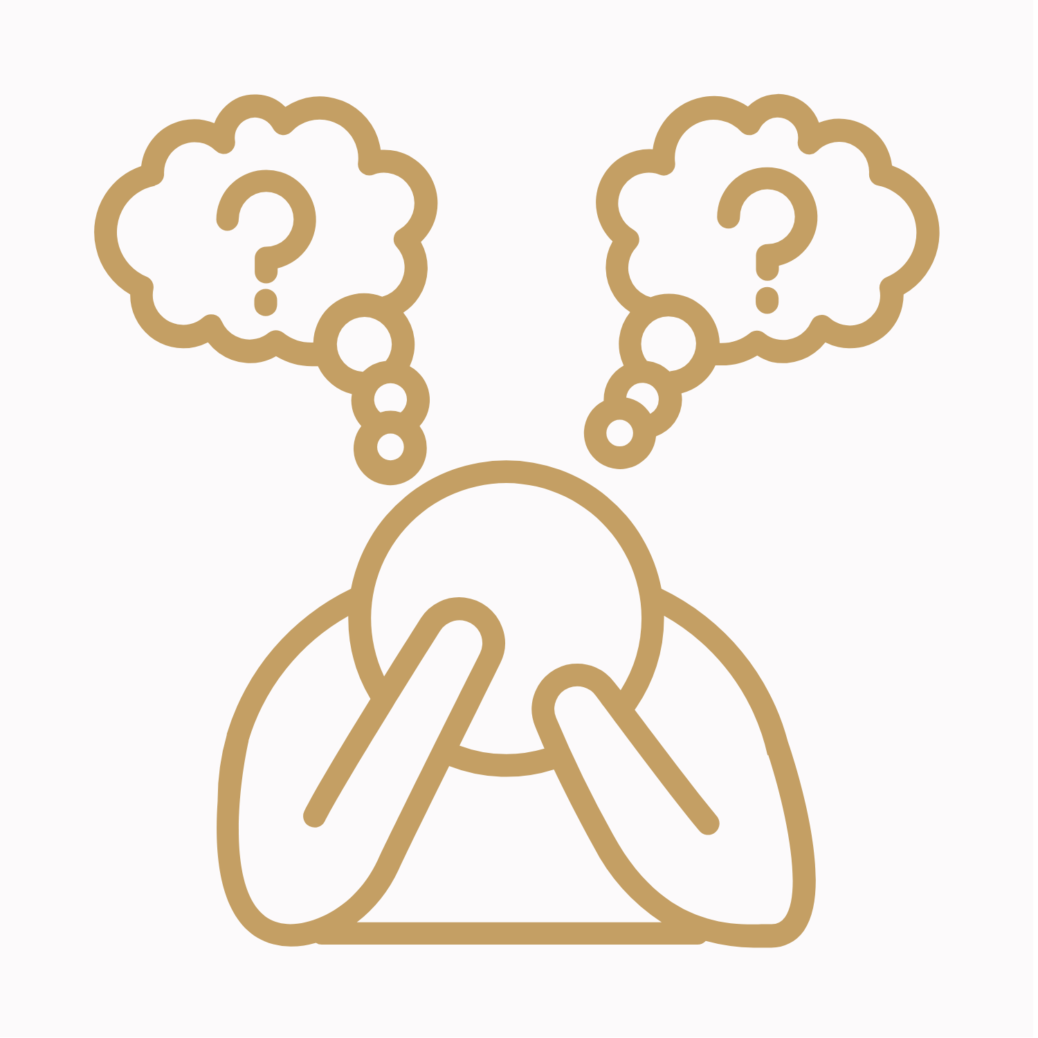 Picture graphic of a person holding their head in their hands and thought bubbles with question marks coming from their head